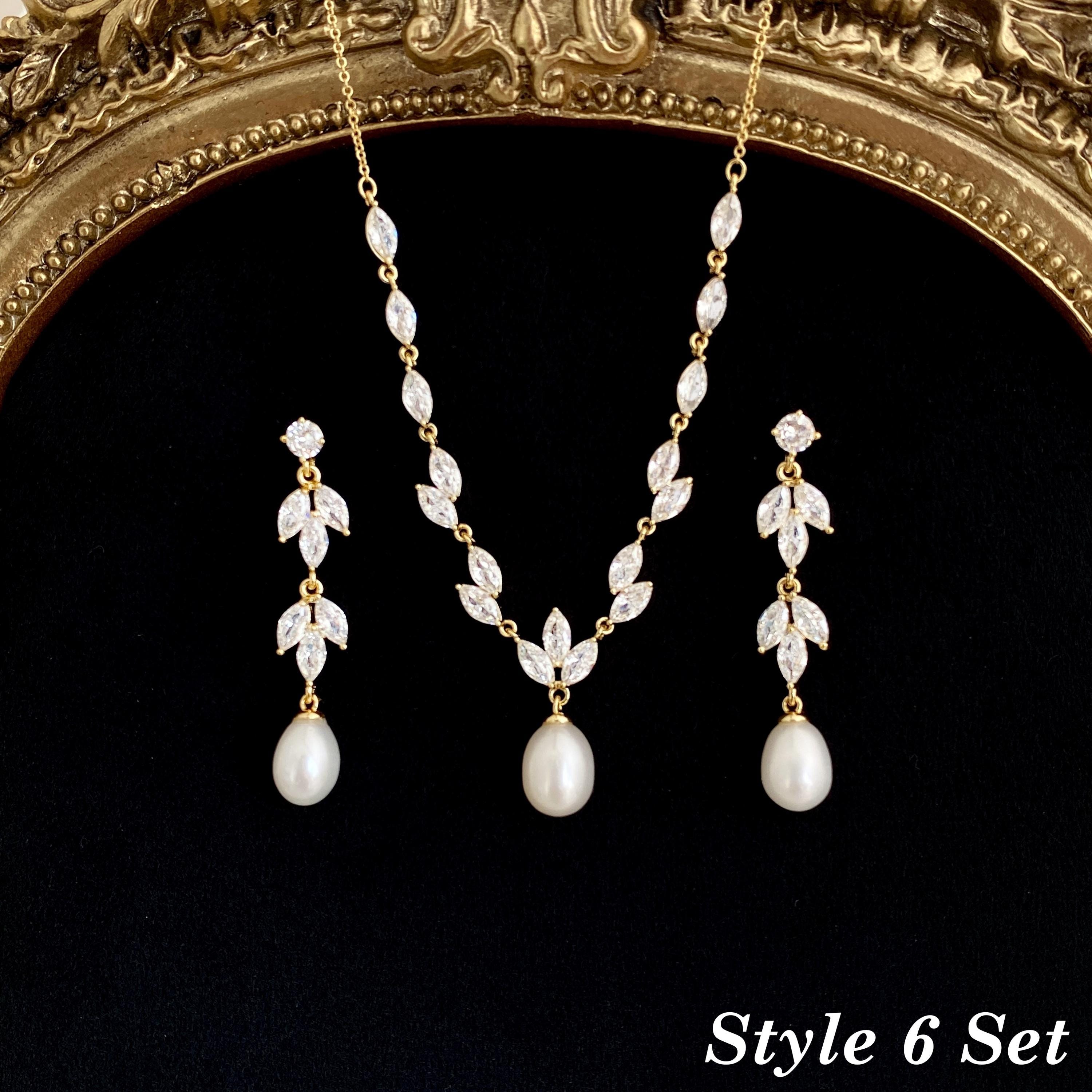 Gold Leaf and Freshwater Pearl Necklace with CZ Crystal Accent