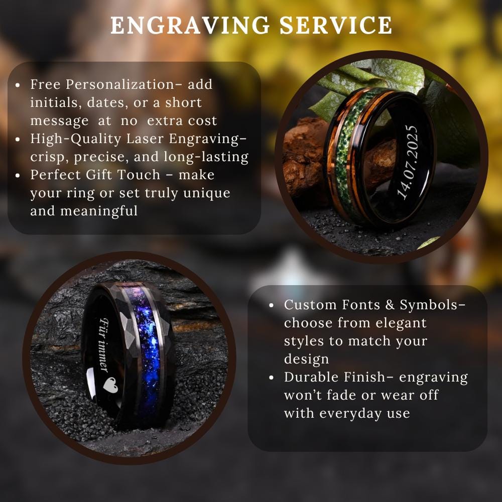 Hammered Meteorite Tungsten Couple Ring Set, 8mm and 4mm