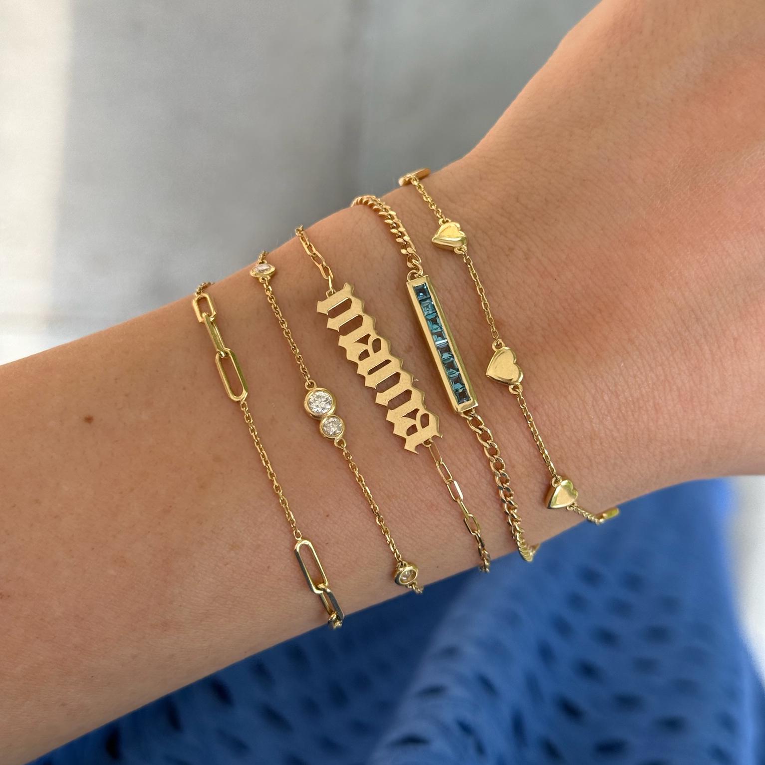 14K Gold Mama Bracelet with an Old English Charm on a Paperclip Chain