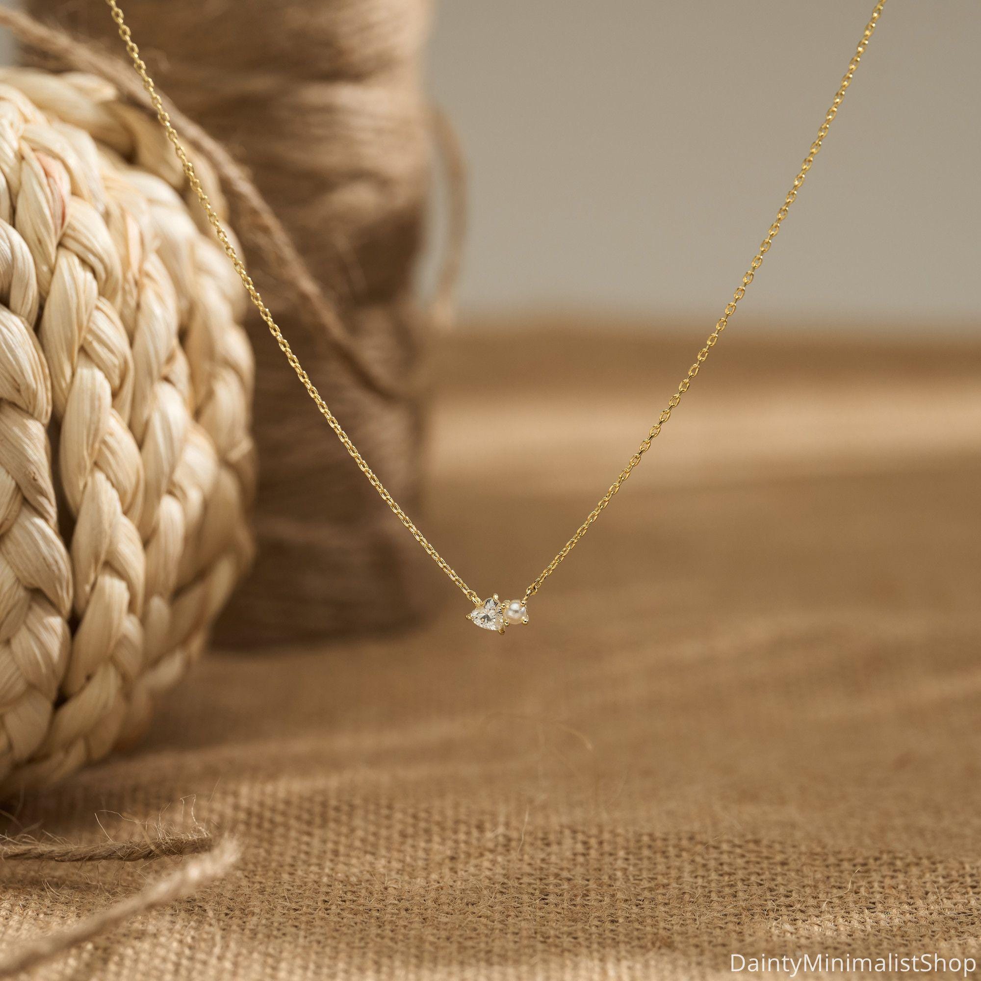 Dainty Pearl Necklace with Heart CZ Diamond in 14K Gold Plated Copper
