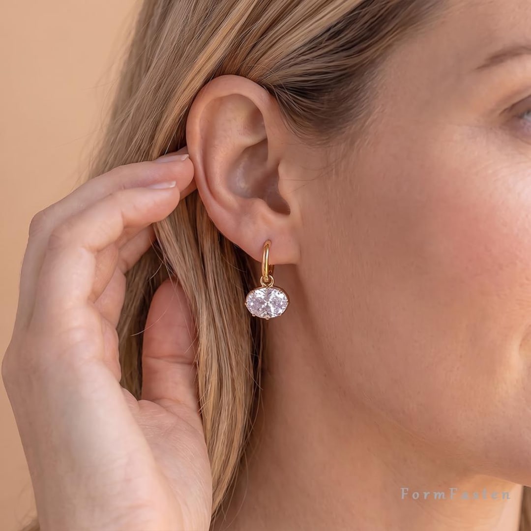 Floating Oval Cubic Zirconia Drop Huggie Earrings in Gold or Silver