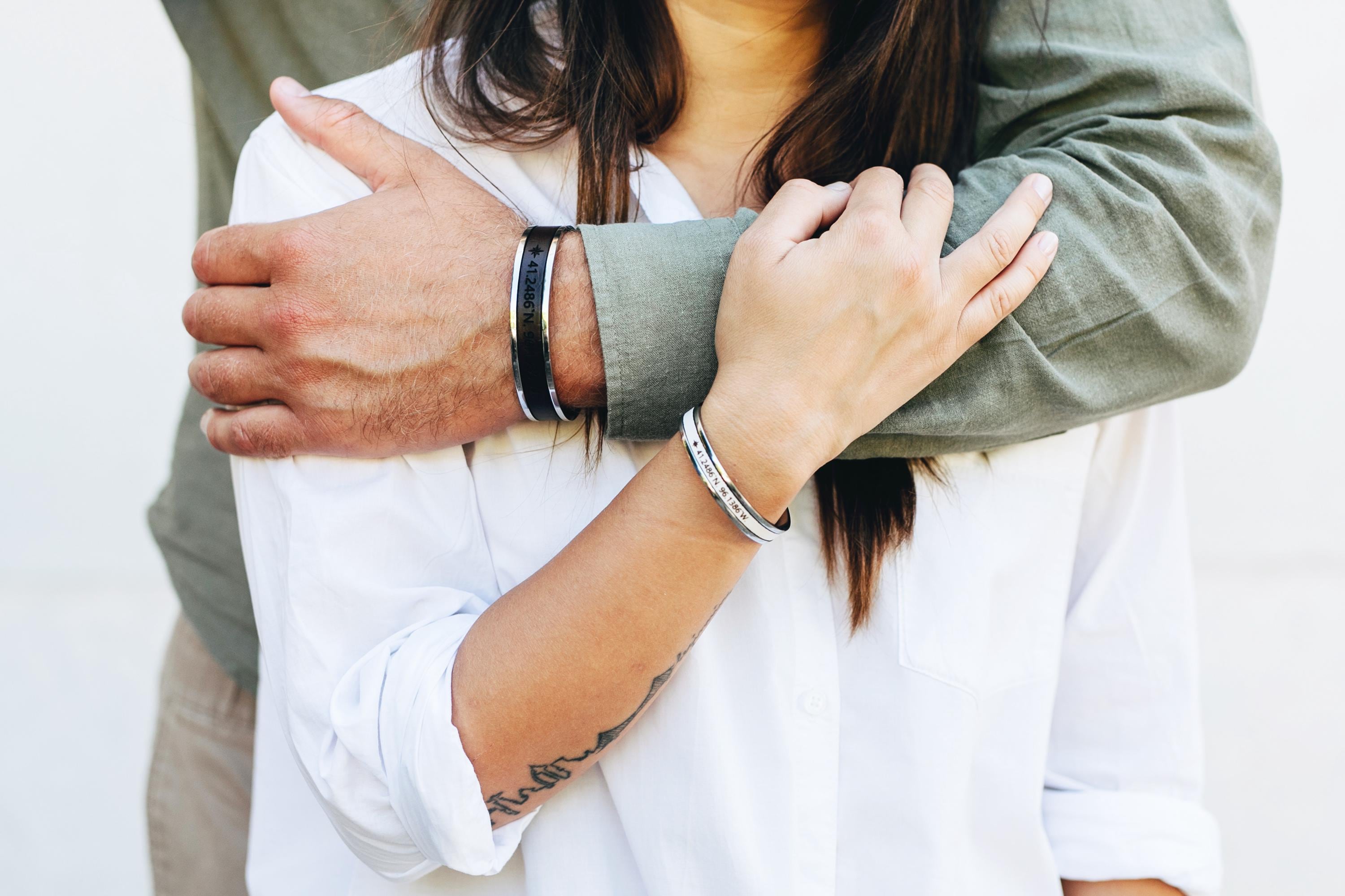 Custom Engraved Leather and Stainless Steel Couple Bracelet Set of 2