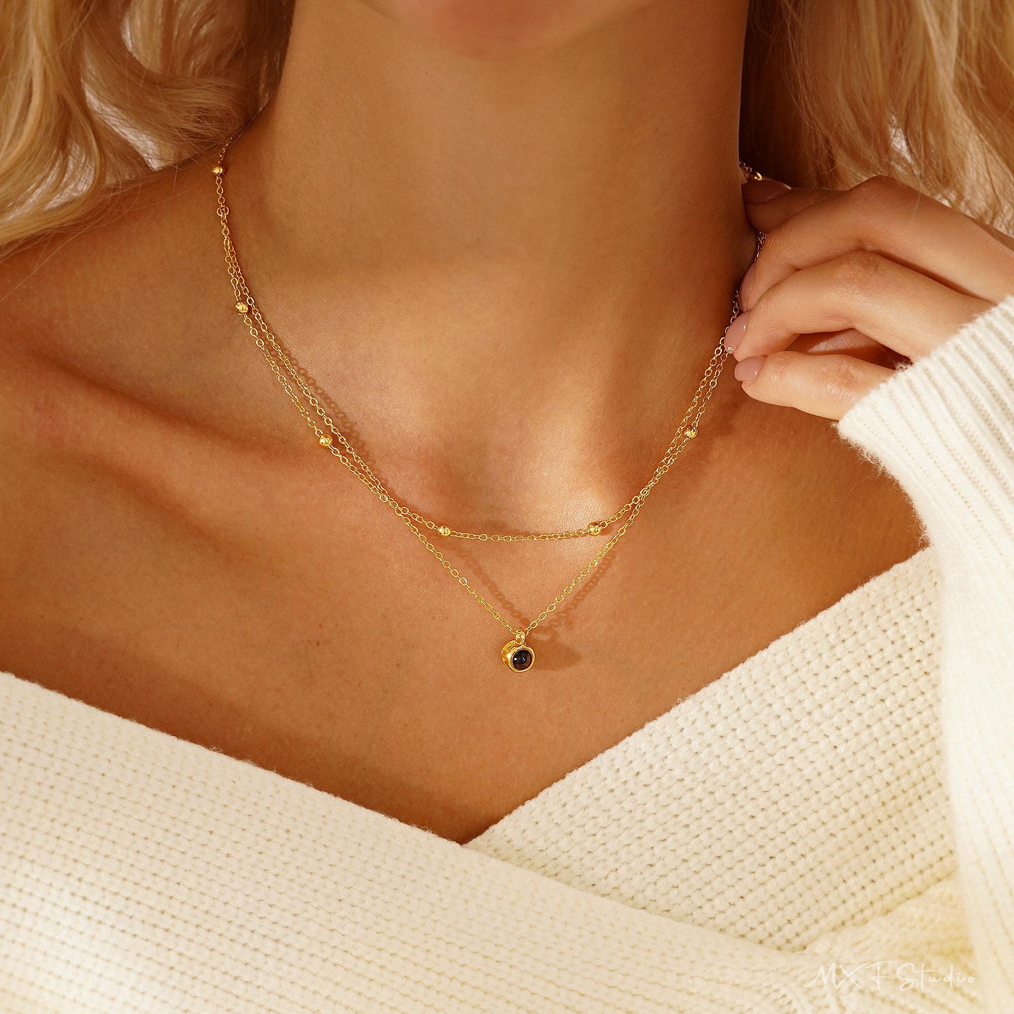 Double Chain Photo Projection Necklace with Layered Copper Pendant