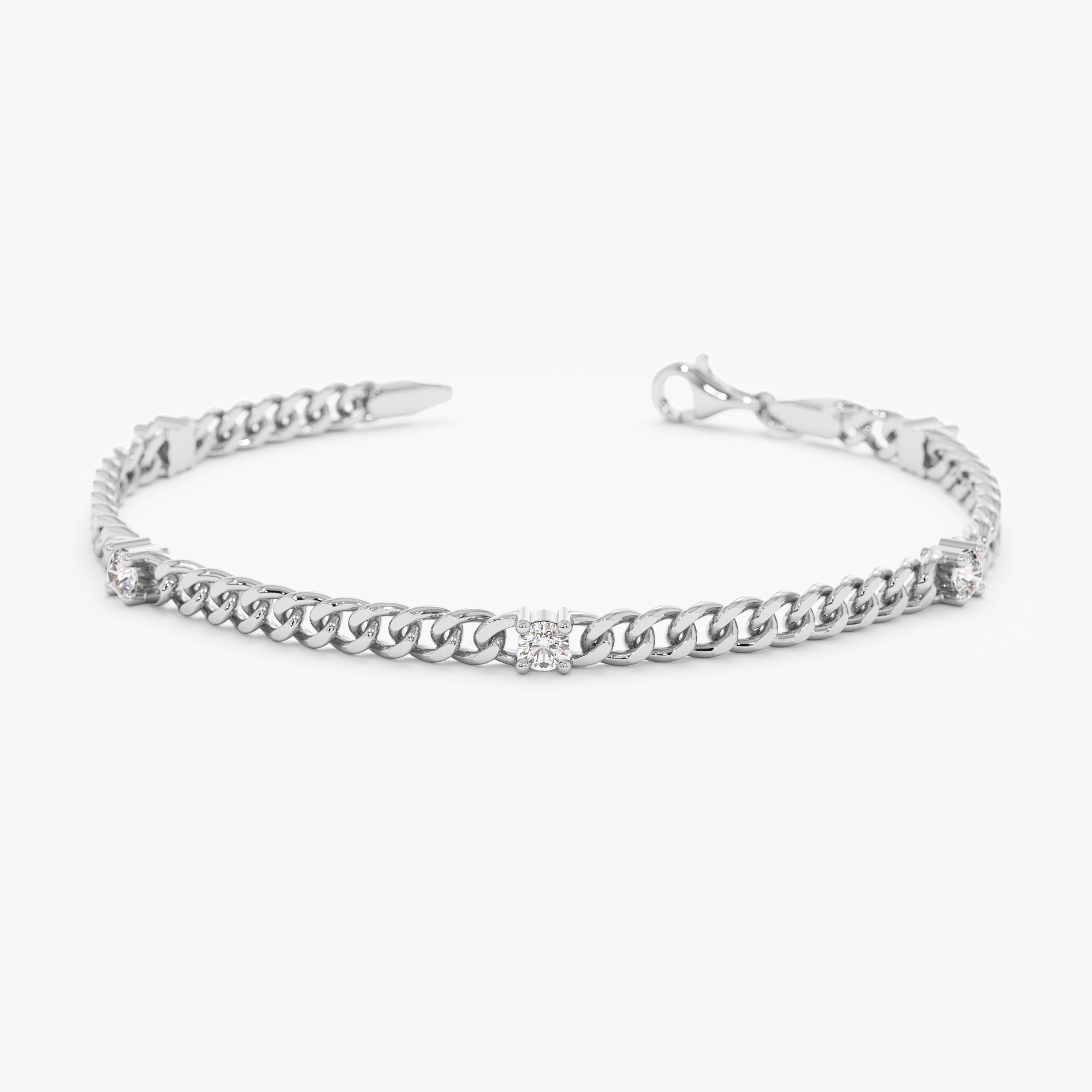 14K Gold Cuban Link Bracelet with Five Sectioned Natural Diamonds