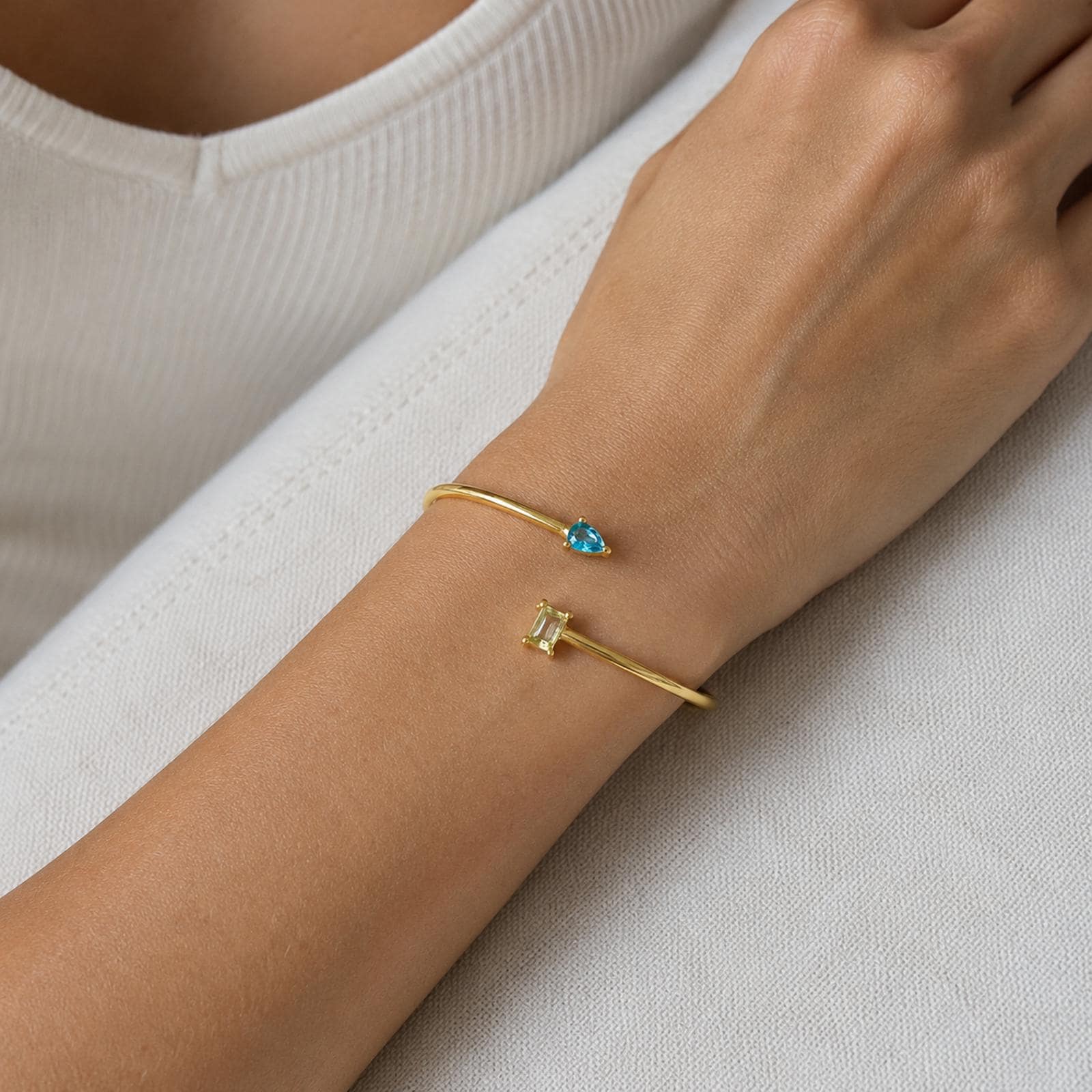 Personalized Double Birthstone Cuff Bangle with Inside Engraving