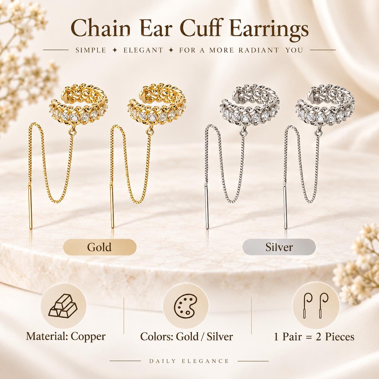 Chain Ear Cuff Earrings with Threader Chain in Gold or Silver