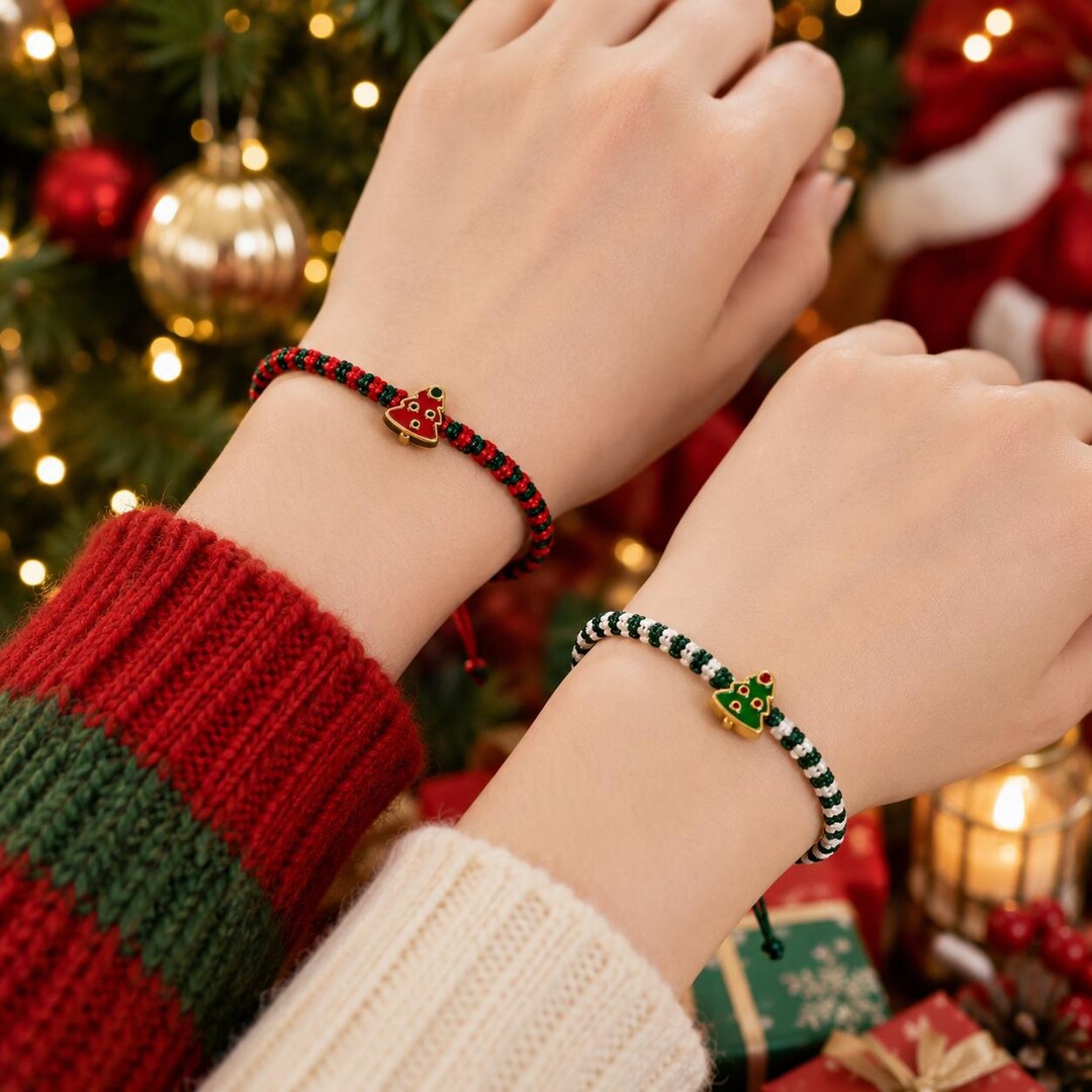 Handwoven Christmas Bracelet with Red and Green Cord and Tree Charm