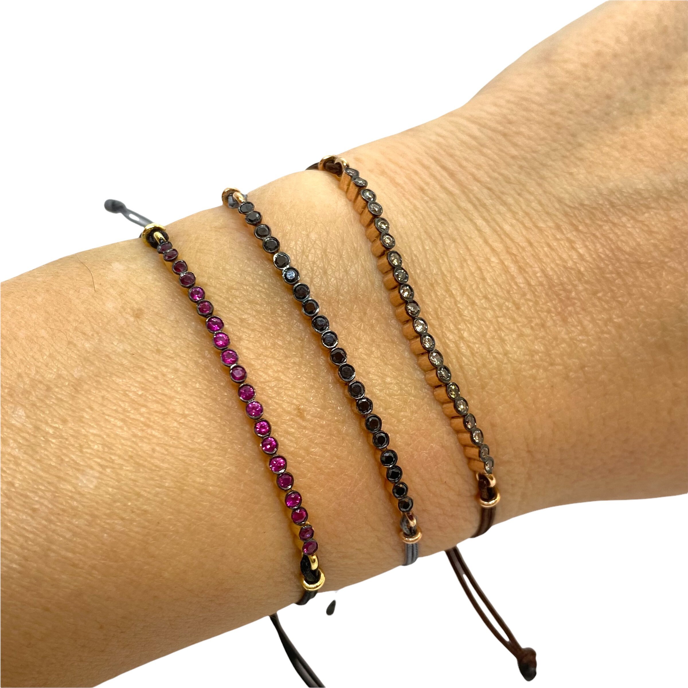 Handmade 18K Yellow Gold Ruby Bar Bracelet with Black Cord