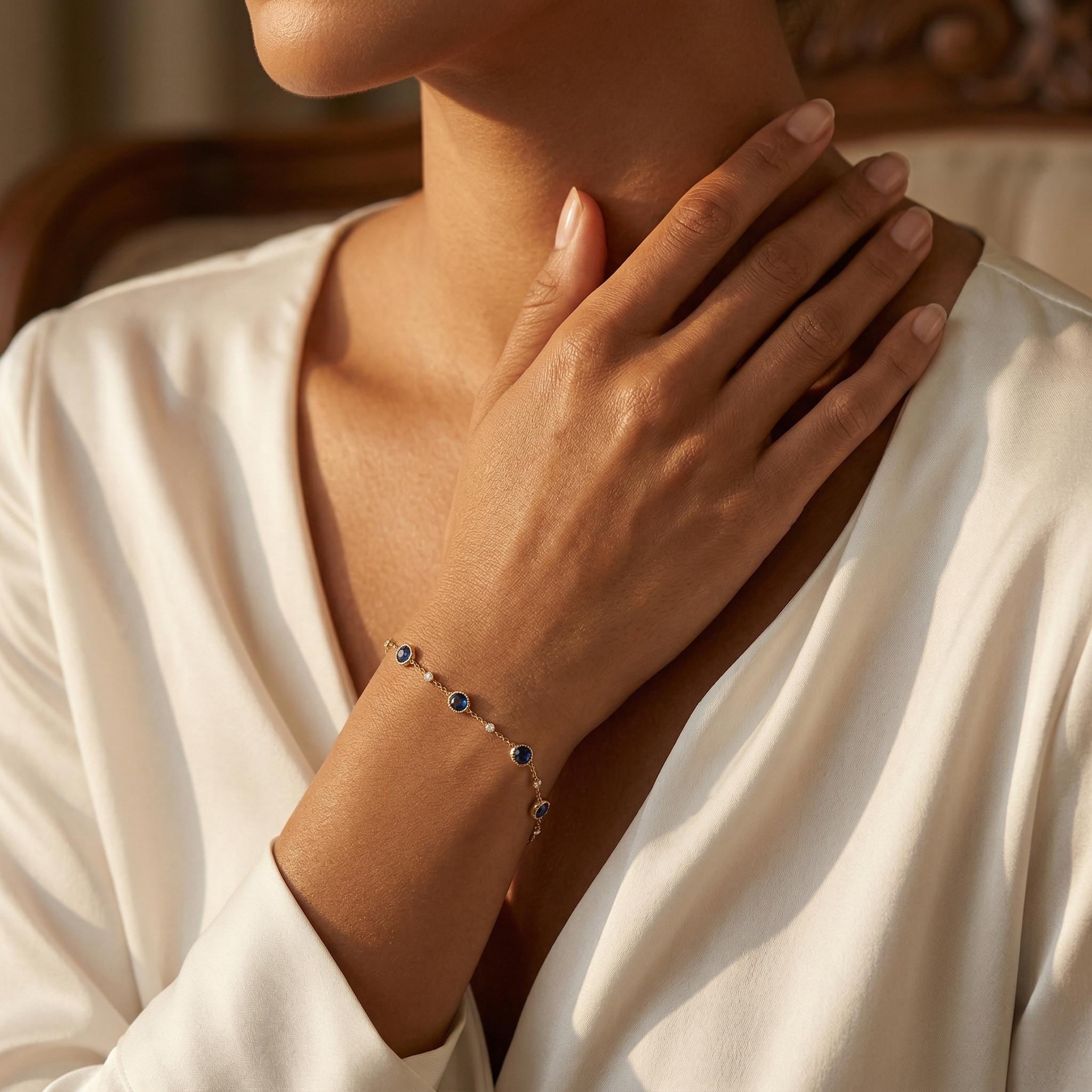 14K Gold Filled Blue Sapphire Station Bracelet, September Birthstone