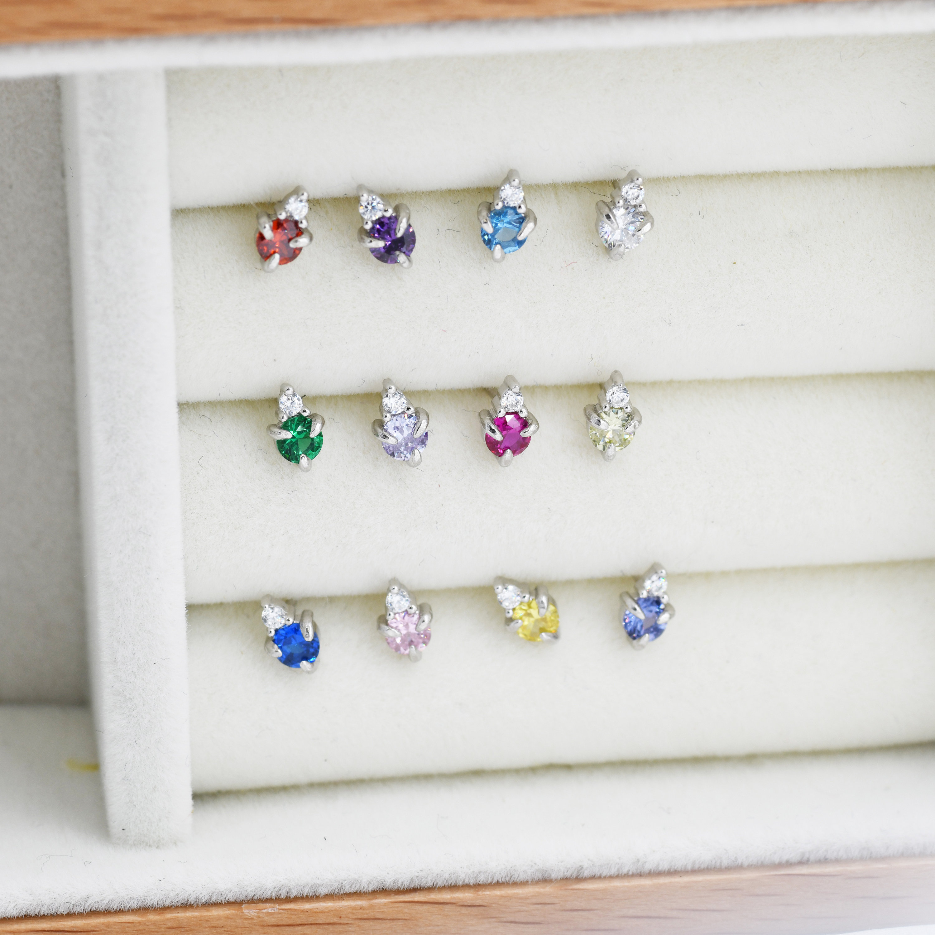 Sterling Silver Tiny Birthstone Stud Earrings with 3mm Cubic Zirconia