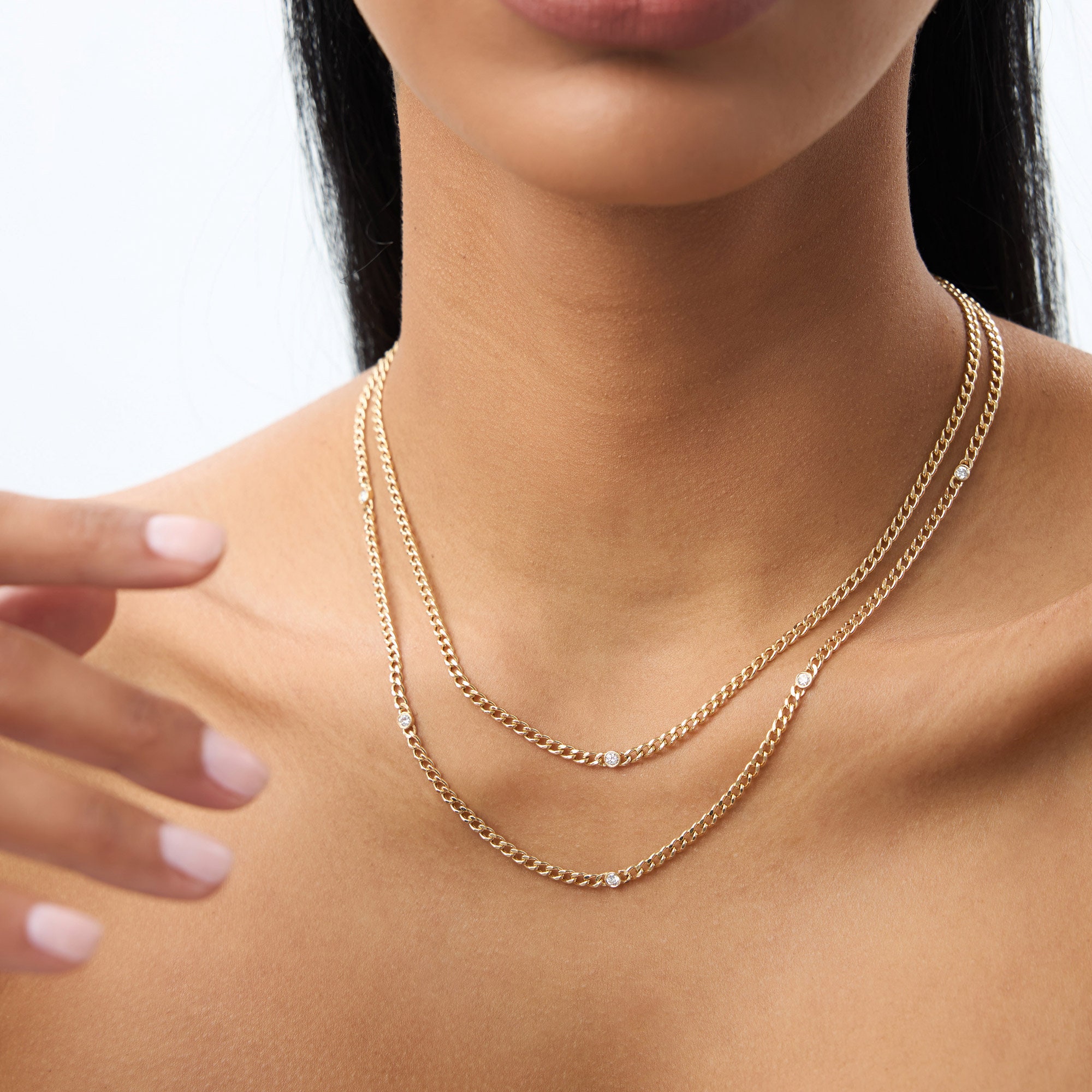 14K Gold Curb Link Chain Necklace with Bezel Set Solitaire Diamond