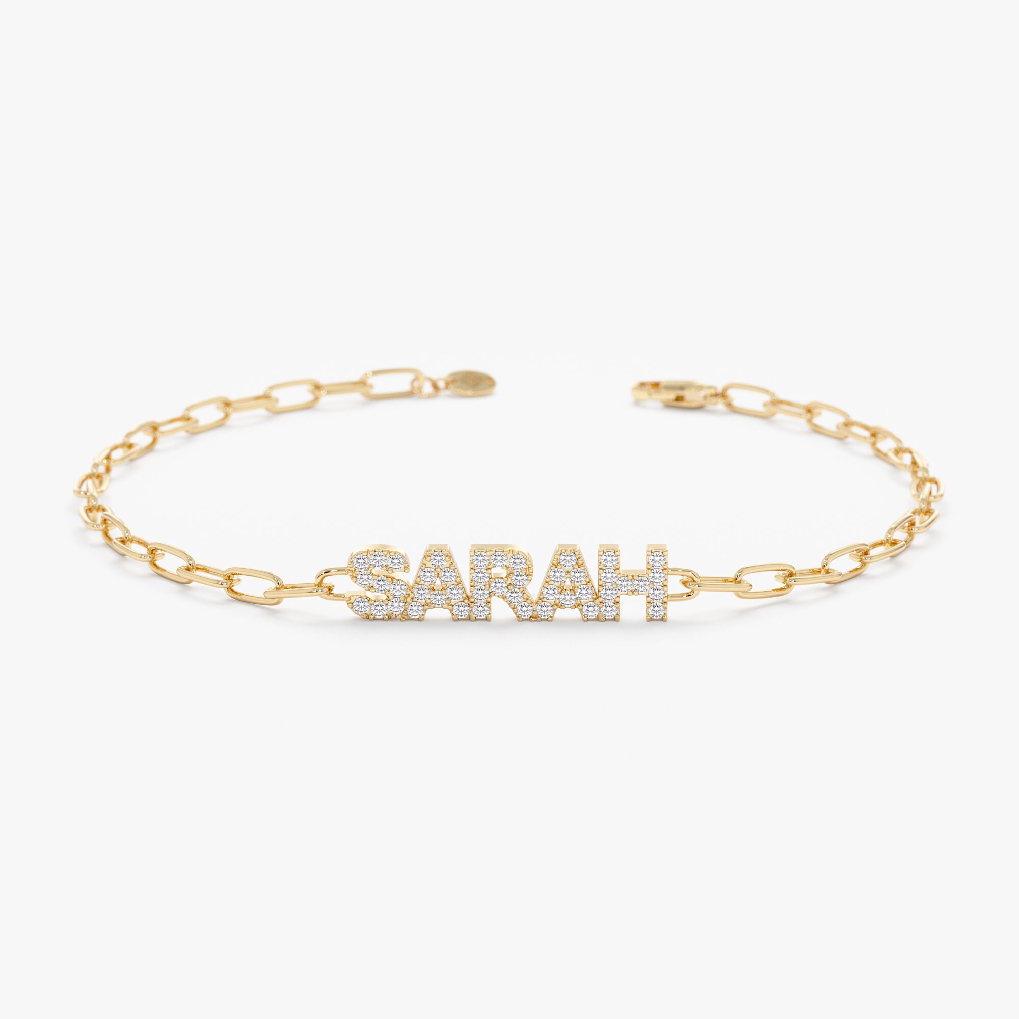 14K Gold Diamond Name Bracelet on a Paperclip Chain