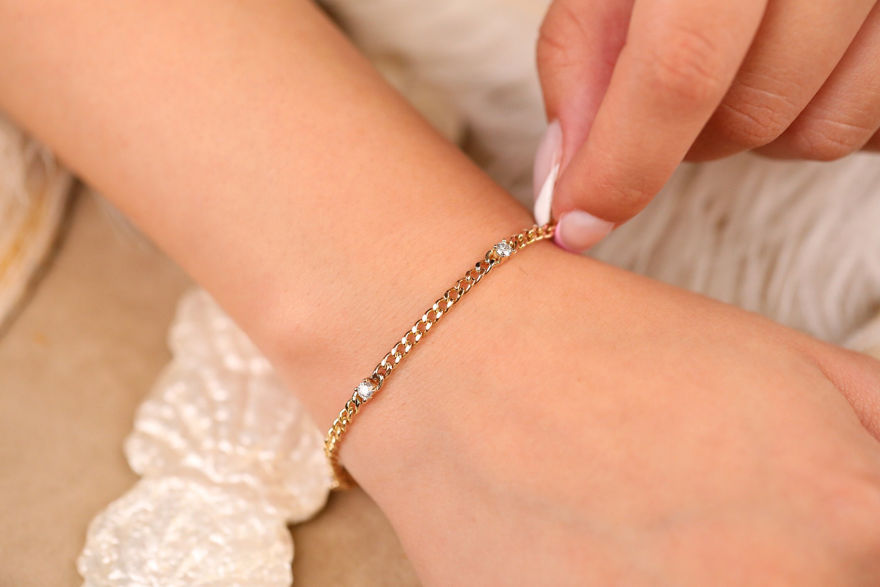 14K Gold Cuban Link Bracelet with Five Sectioned Natural Diamonds