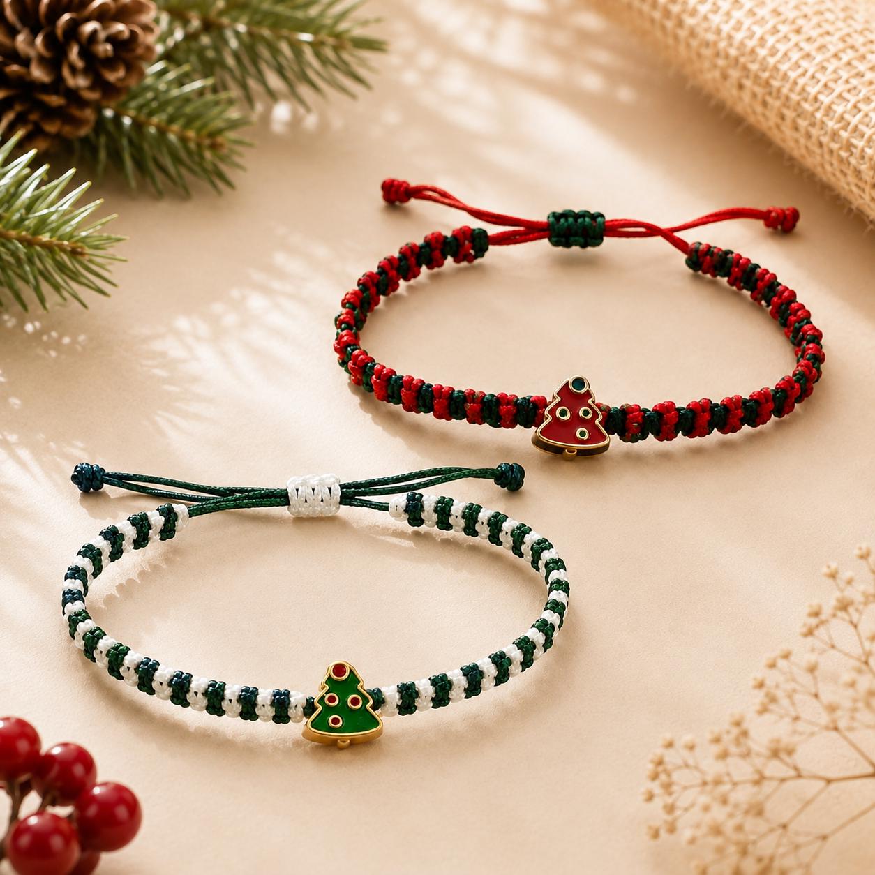Handwoven Christmas Bracelet with Red and Green Cord and Tree Charm