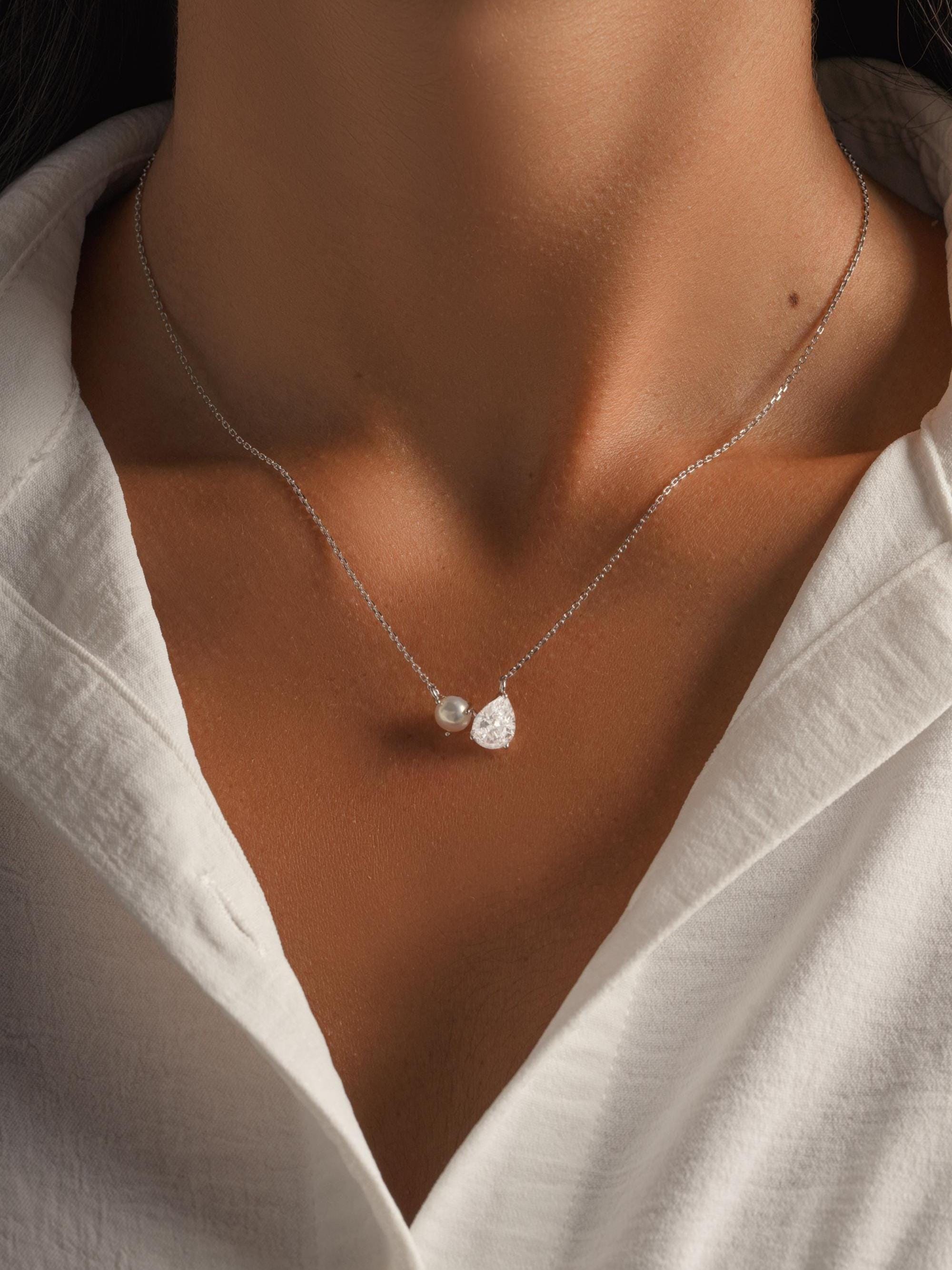 Toi et Moi Necklace with Freshwater Pearl and Pear Cut Stone