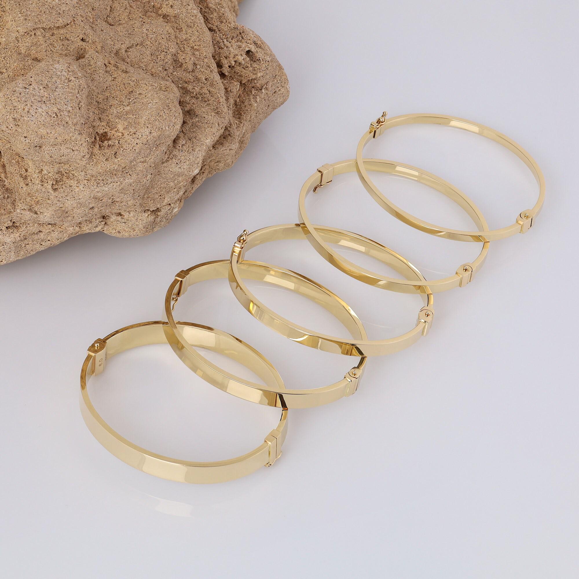 14K Gold Oval Hinged Bangle, 3mm Engraved Cuff