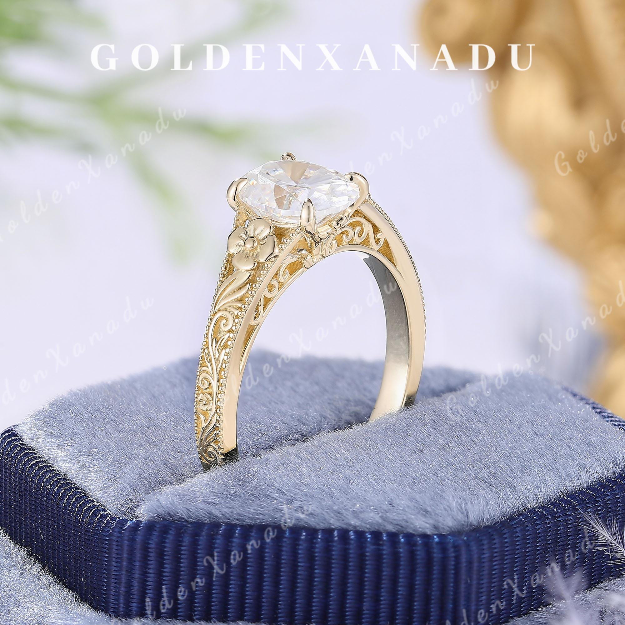 Vintage Floral Moissanite Engagement Ring, Oval Cut