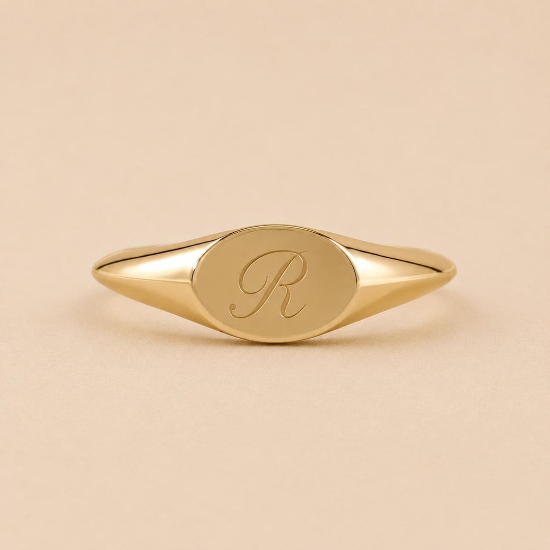 14K Solid Gold Oval Signet Ring With Custom Engraving