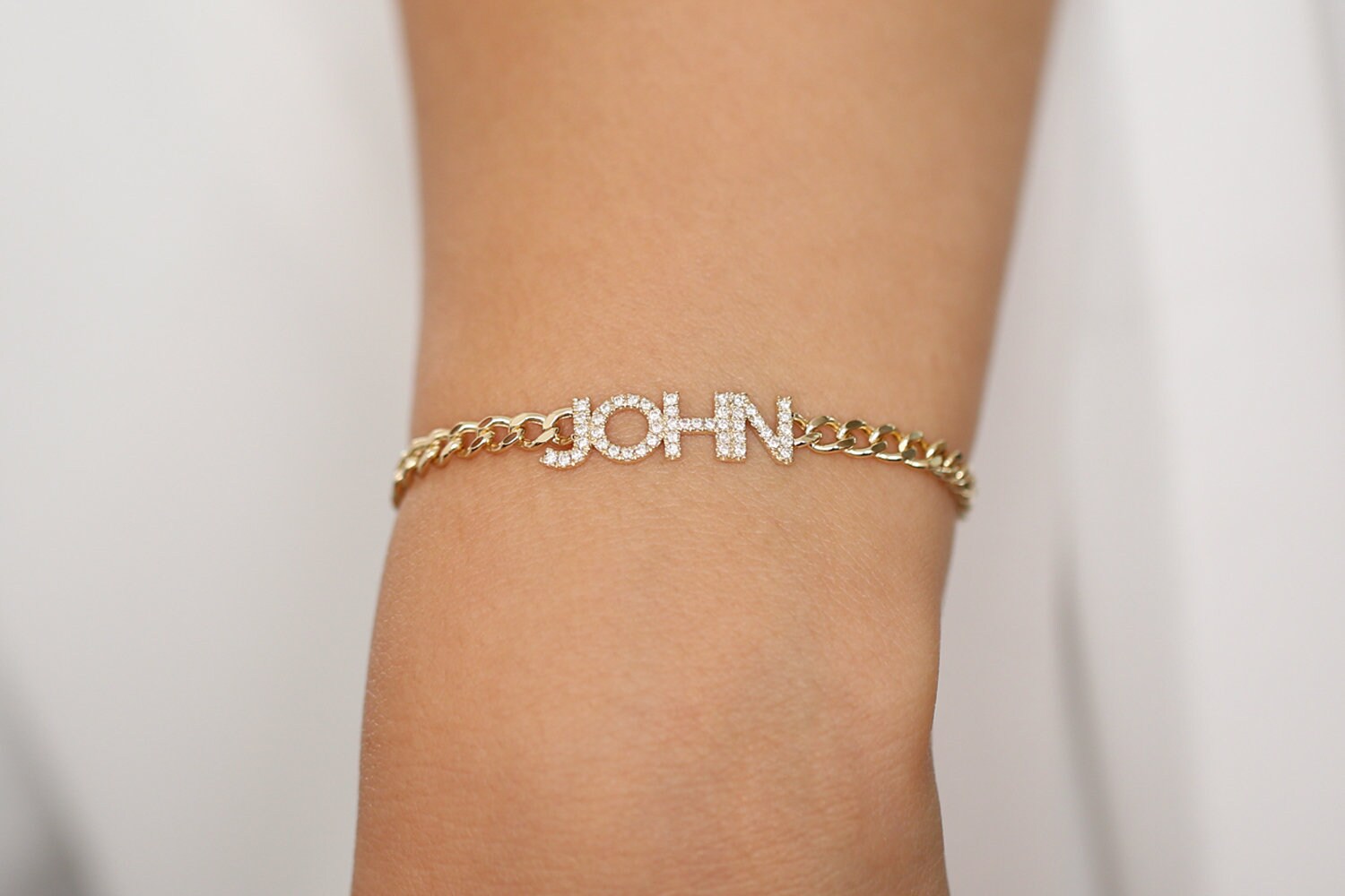 Personalized Diamond Name Bracelet on a 14K Gold Cuban Link Chain