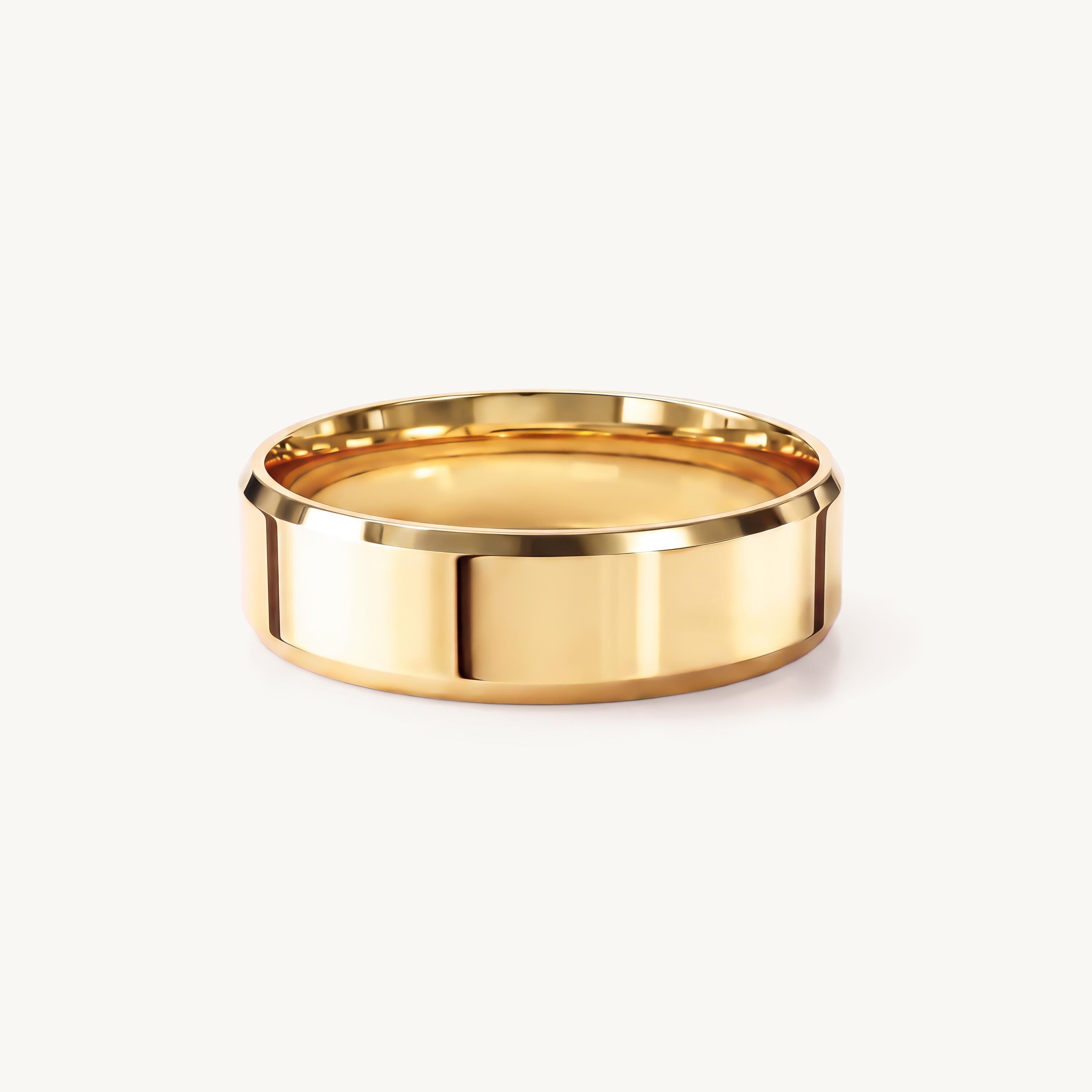 14k Gold Beveled Edge Flat Wedding Band, 2mm to 8mm