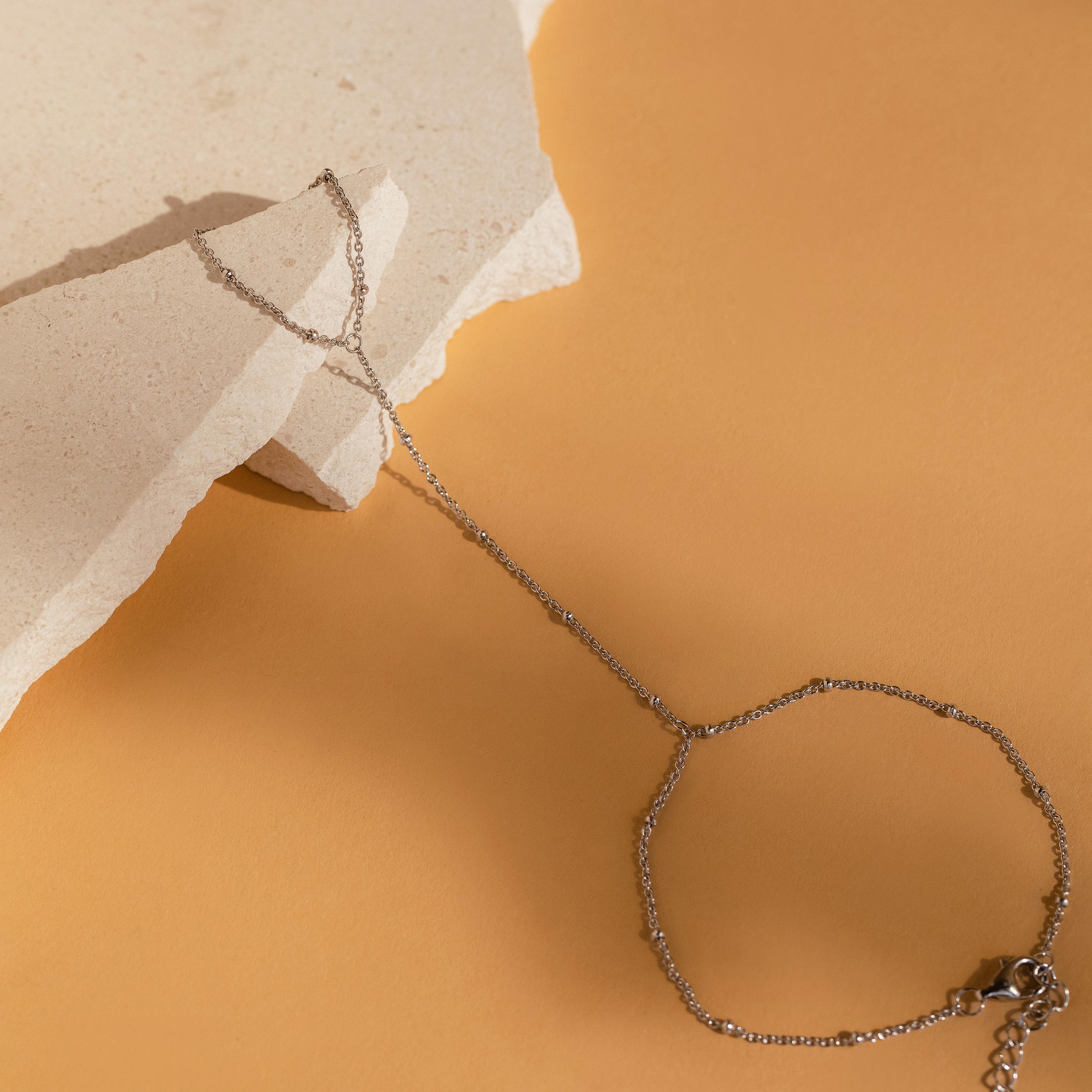 Sterling Silver Beaded Hand Chain Bracelet with Chain Ring