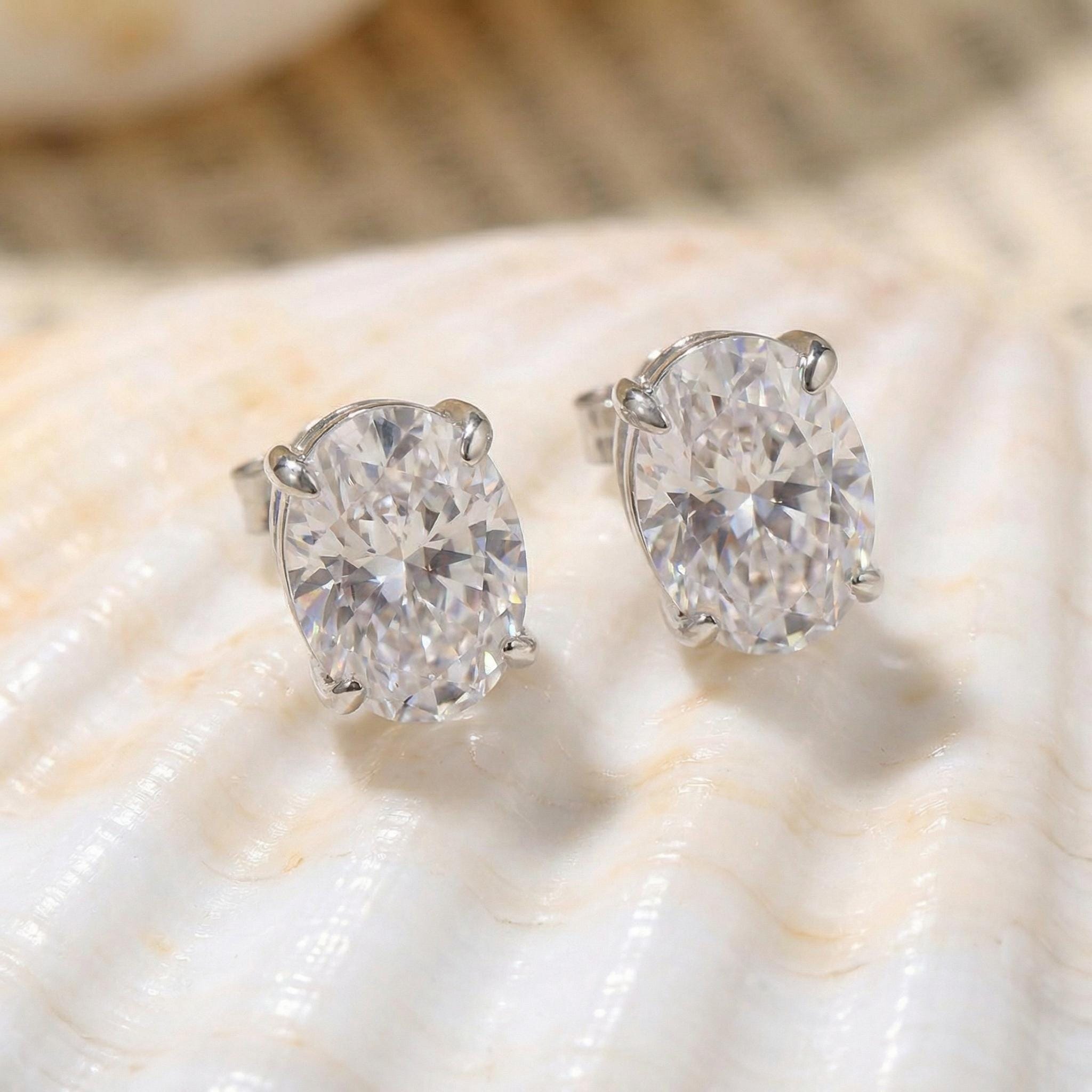 Oval Moissanite Stud Earrings in Sterling Silver or Solid Gold