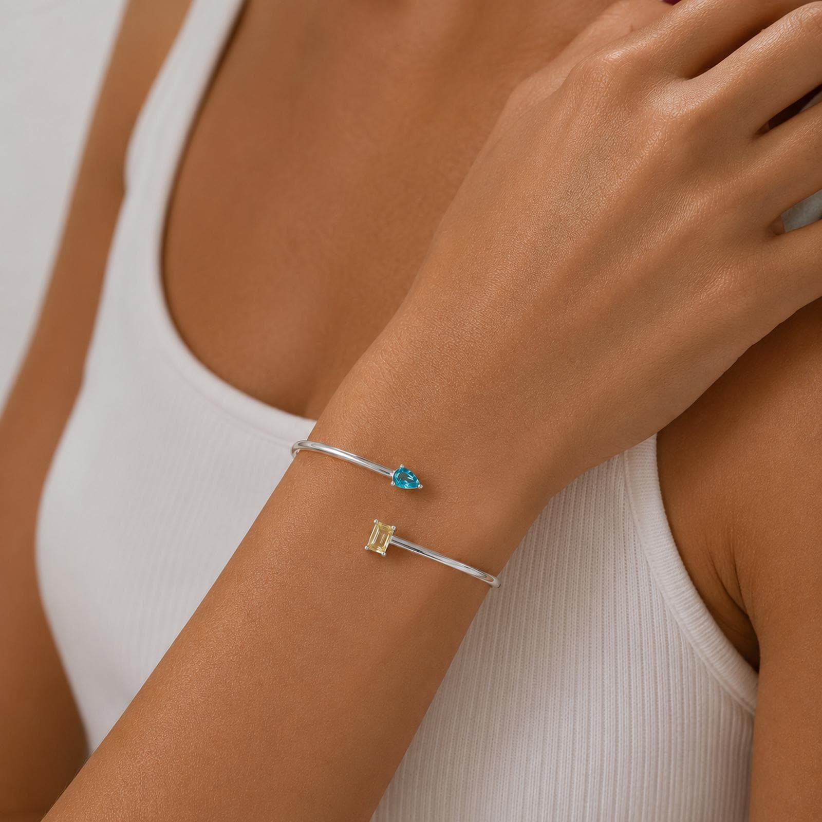 Personalized Double Birthstone Cuff Bangle with Inside Engraving