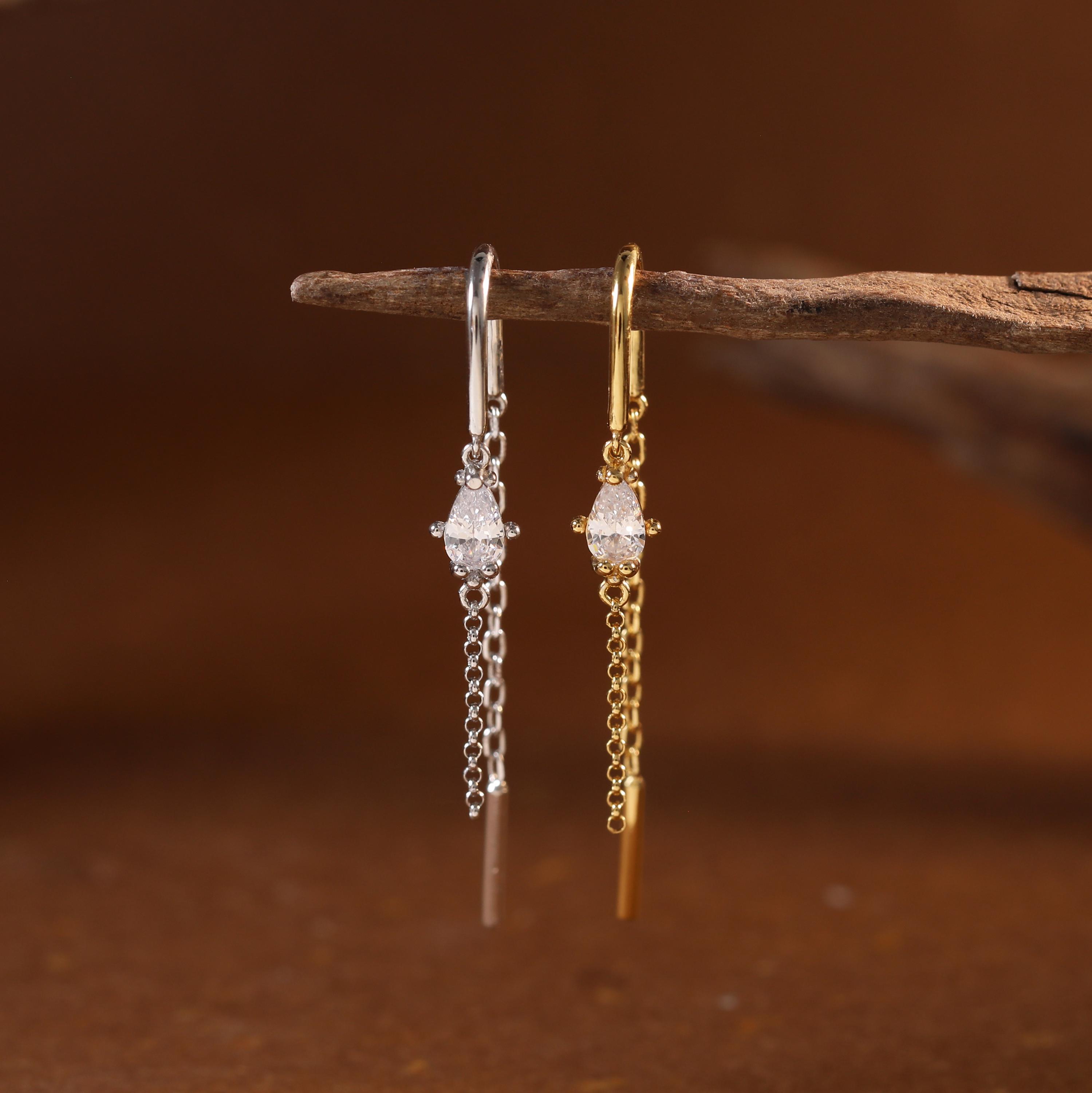 Sterling Silver Teardrop Threader Earrings with Pear Cut Zircon