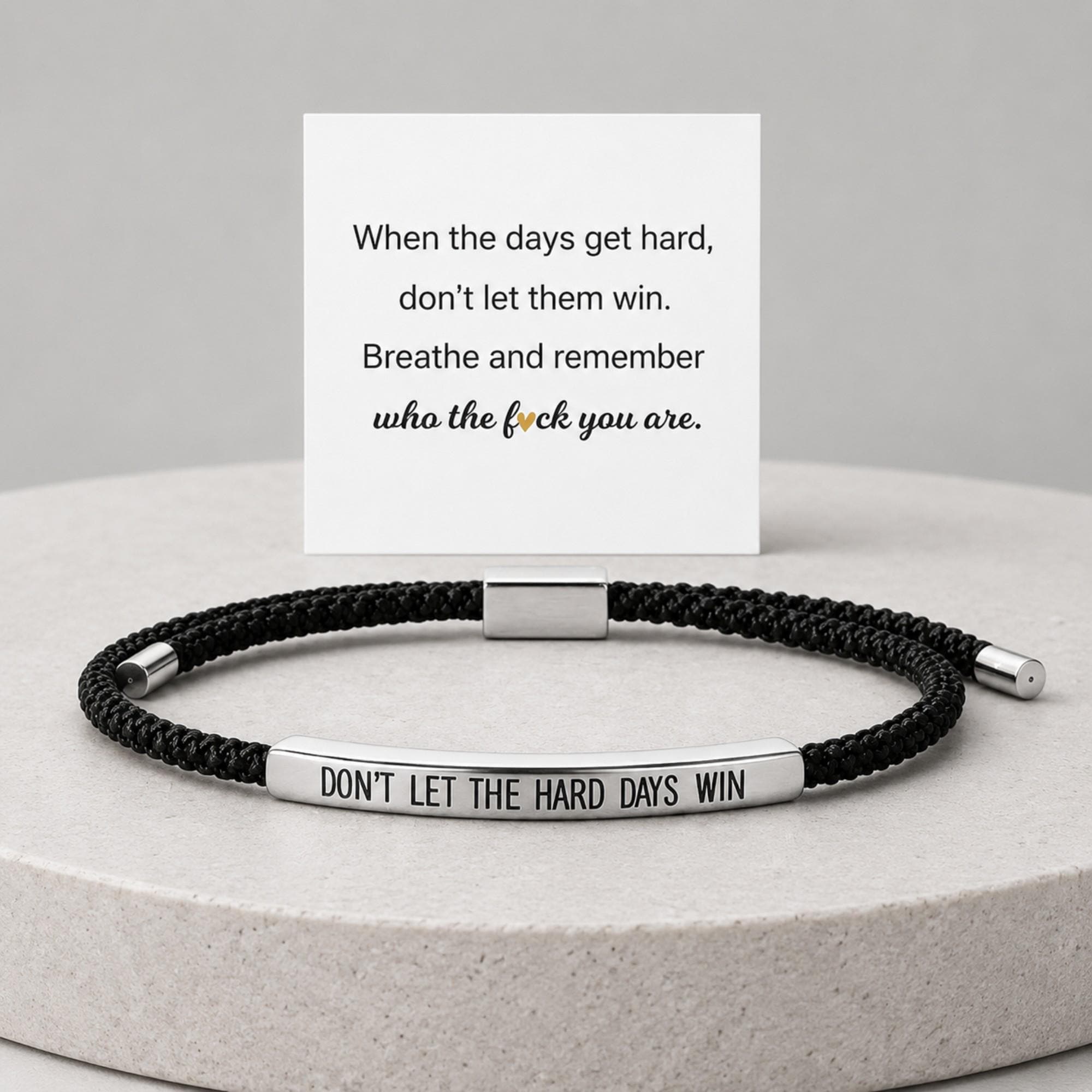 Engraved Motivational Bar Bracelet in Stainless Steel with Braided Cord