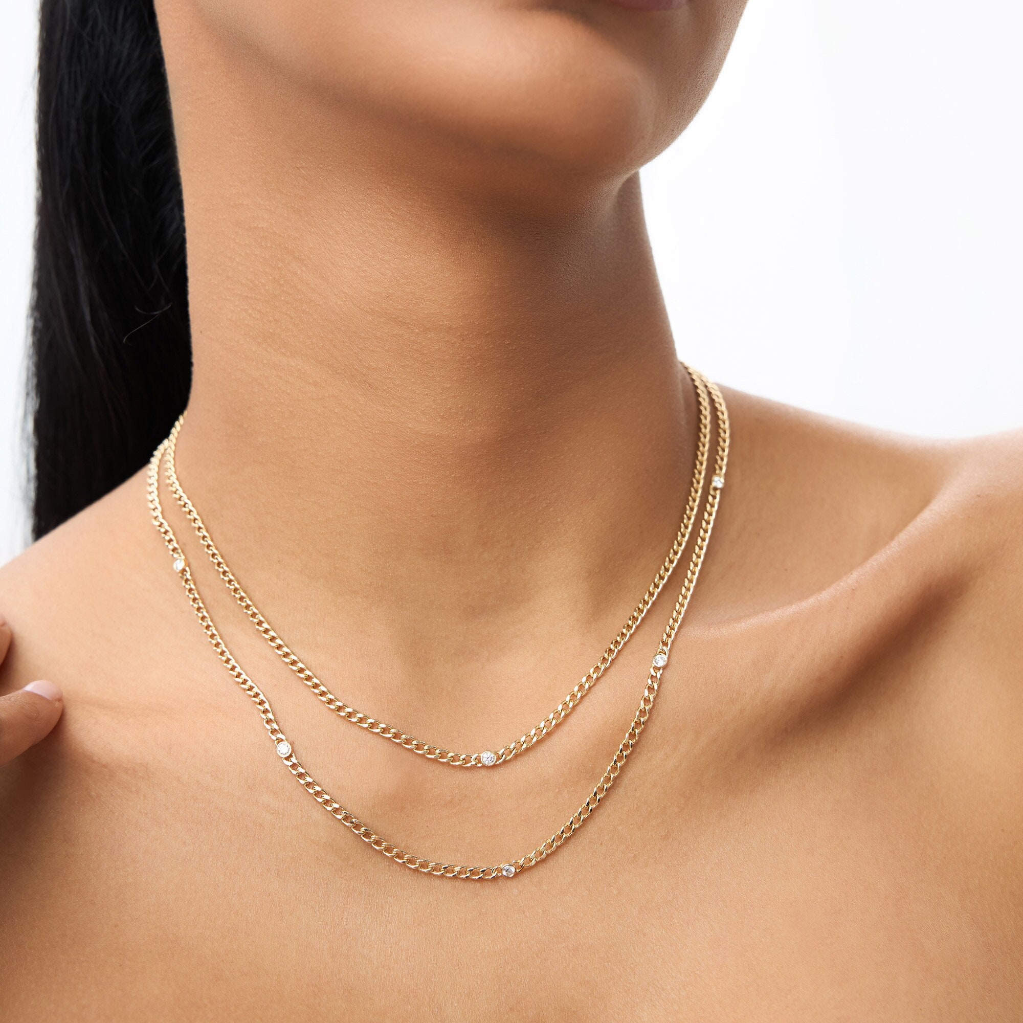 14K Gold Curb Link Chain Necklace with Bezel Set Solitaire Diamond