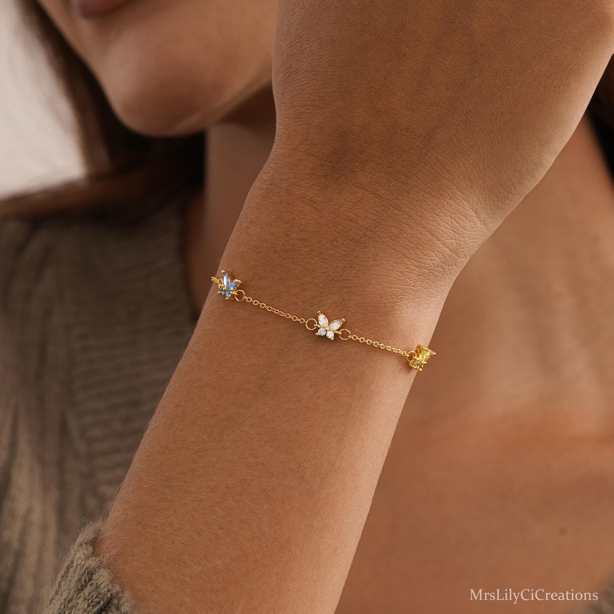 Custom Butterfly Birthstone Bracelet in Silver or 18K Gold Plate