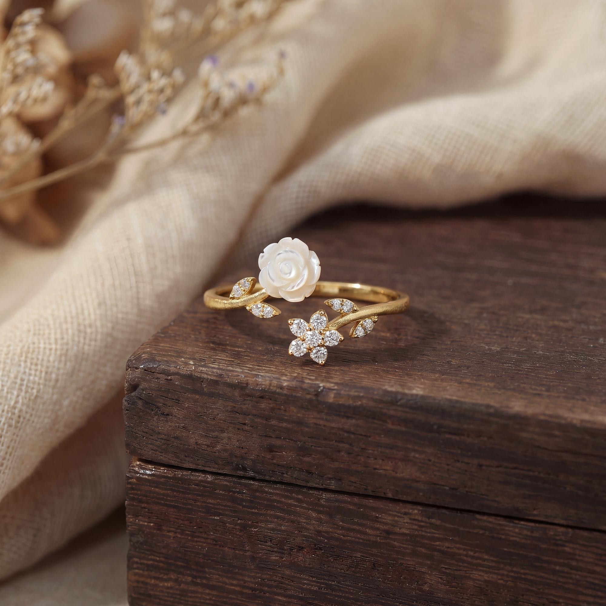 Gold Plated Camellia Flower Ring, Adjustable Open Floral Ring