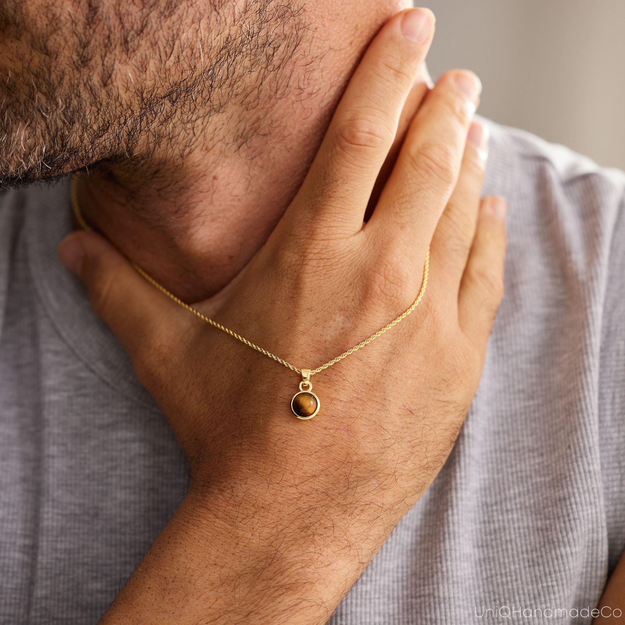 Men's Birthstone Necklace with Black Onyx or Tiger Eye on a Curb Chain