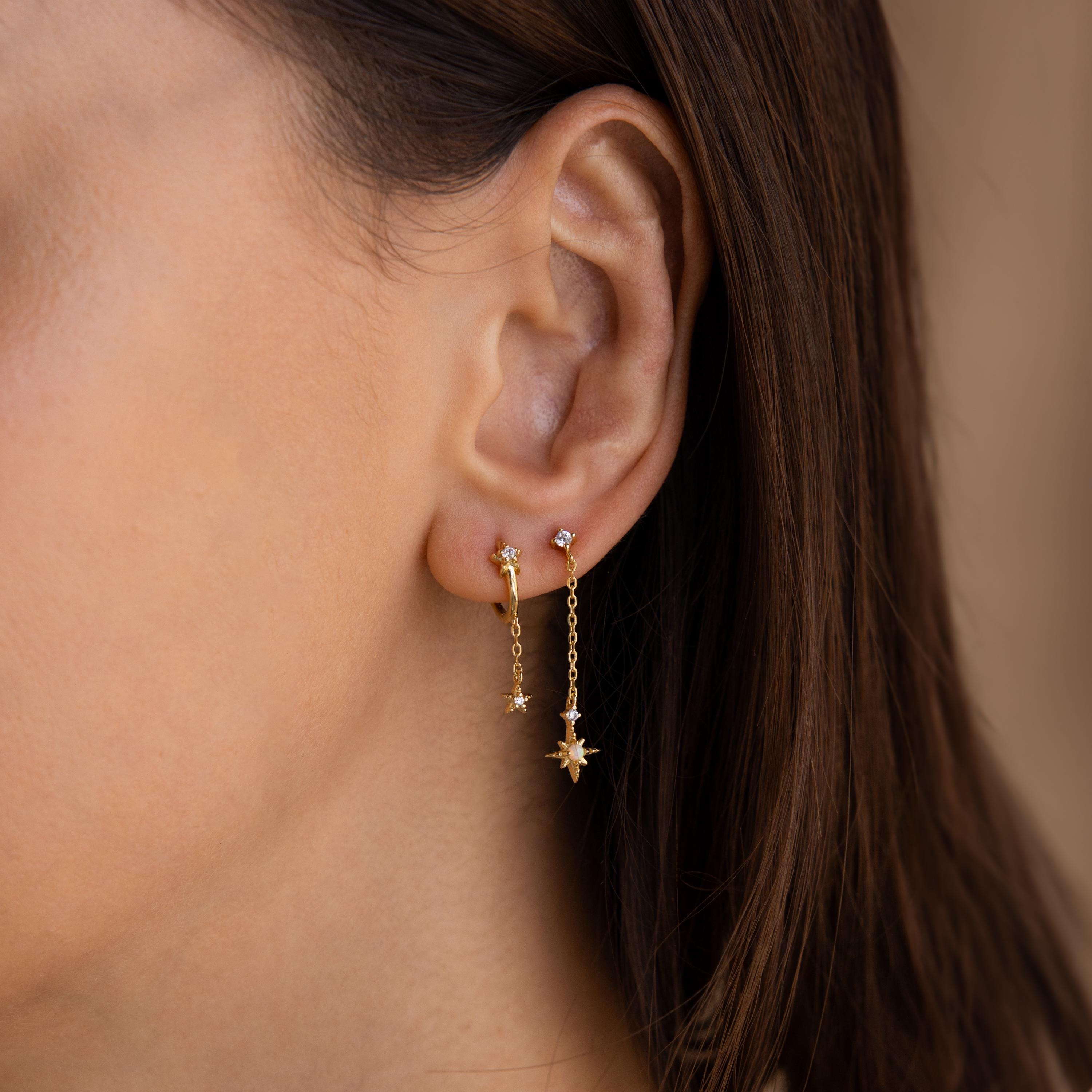 Star Drop Chain Huggie Earrings in 18K Gold Over Brass