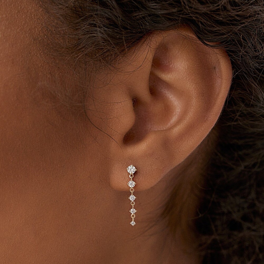 14K Gold Dangling Four Prong Natural Diamond Drop Earrings