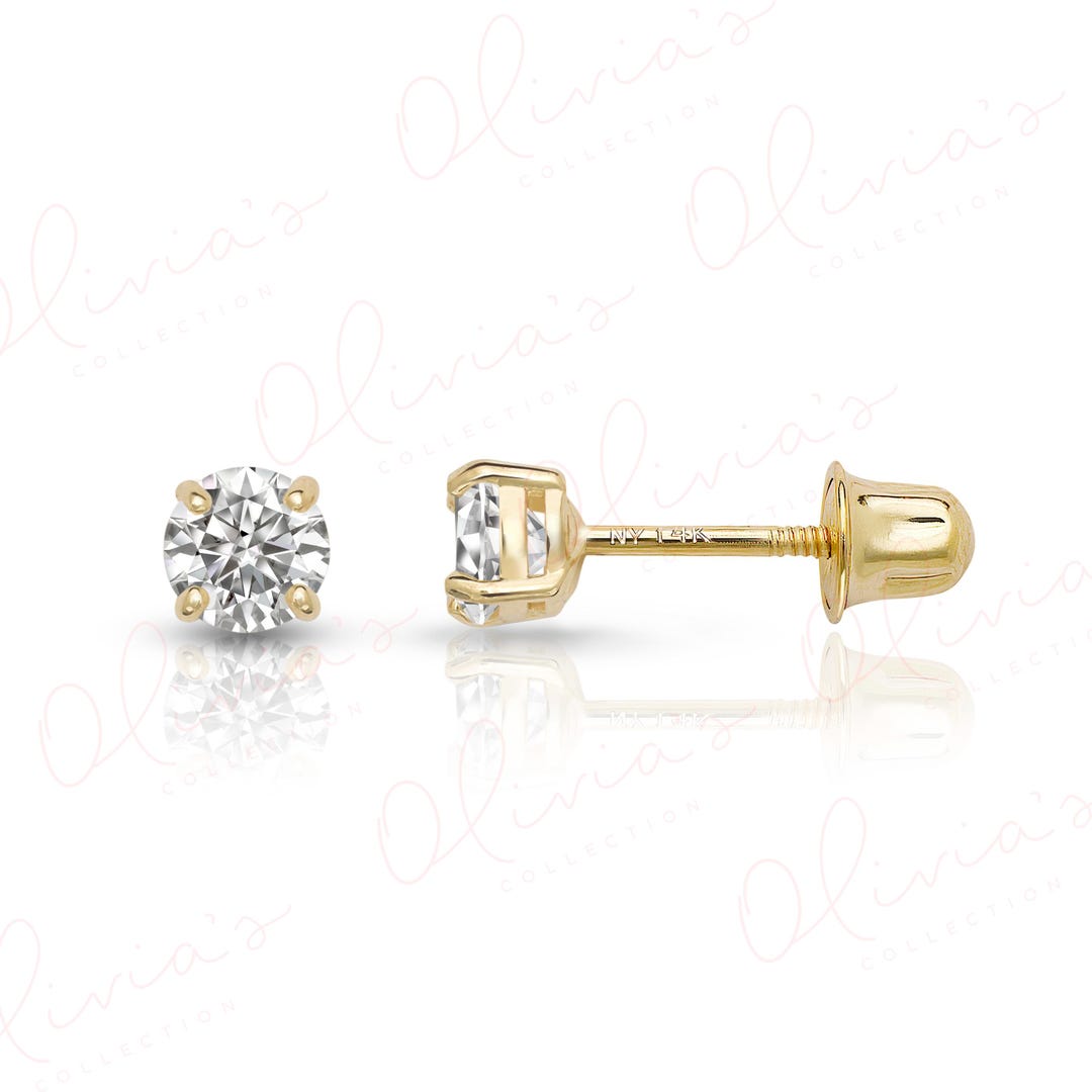 14K Solid Gold Lab-Grown Diamond Stud Earrings with Screw Backs, White or Yellow
