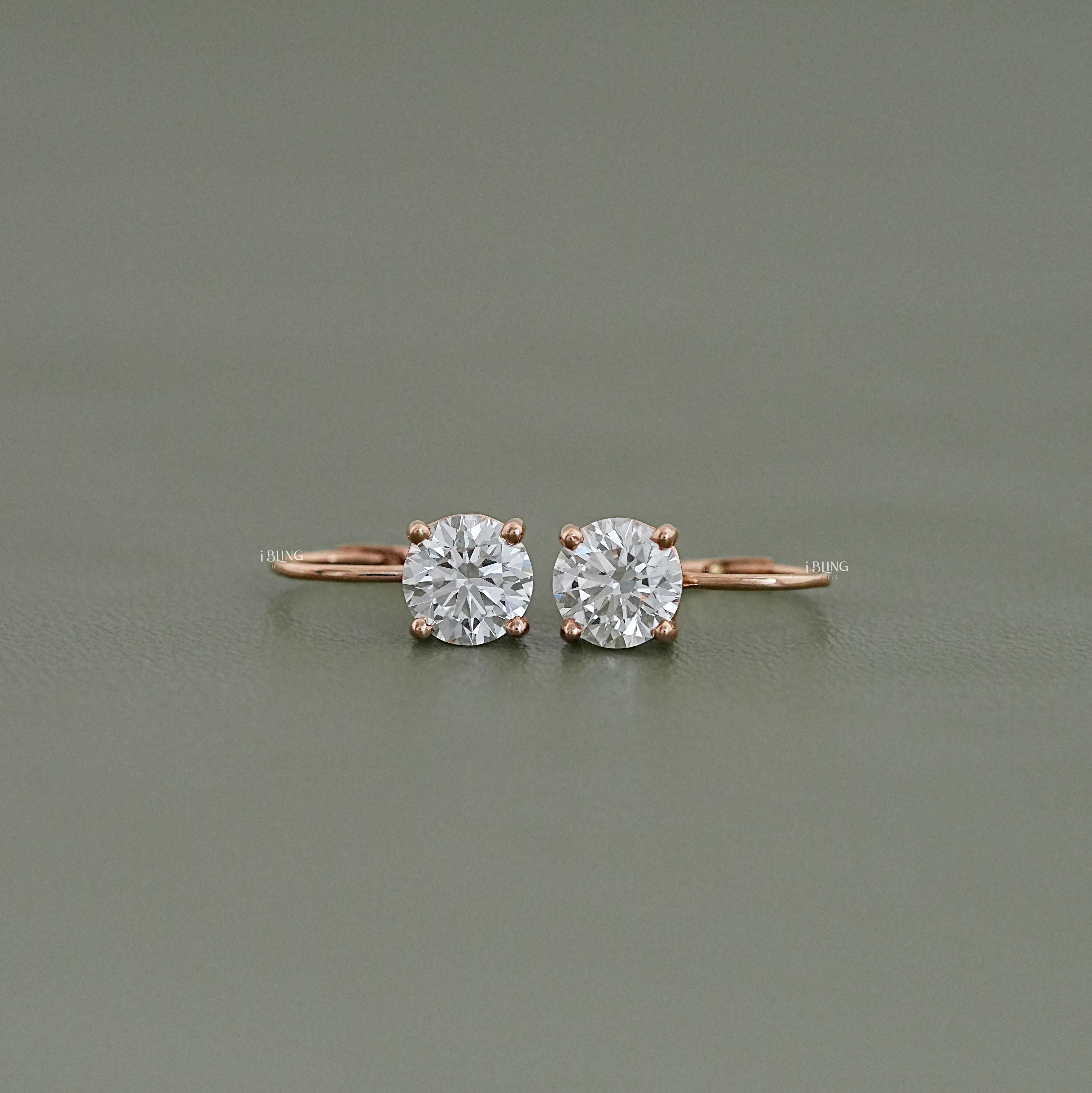 Round Cut Lab Diamond Drop Earrings in 14K Yellow Gold with Lever Backs