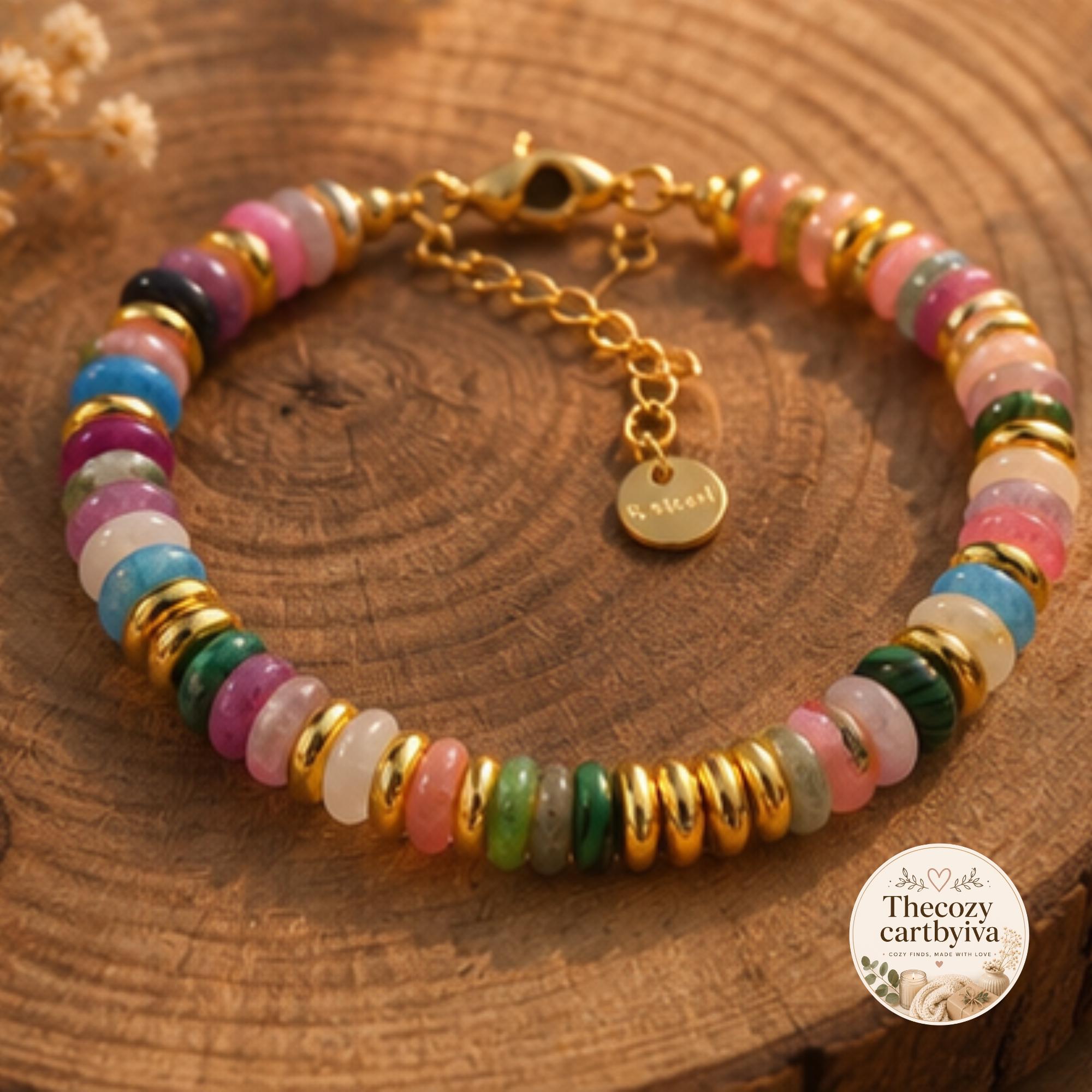Boho Colorful Gemstone Beaded Bracelet with Gold-Tone Accents