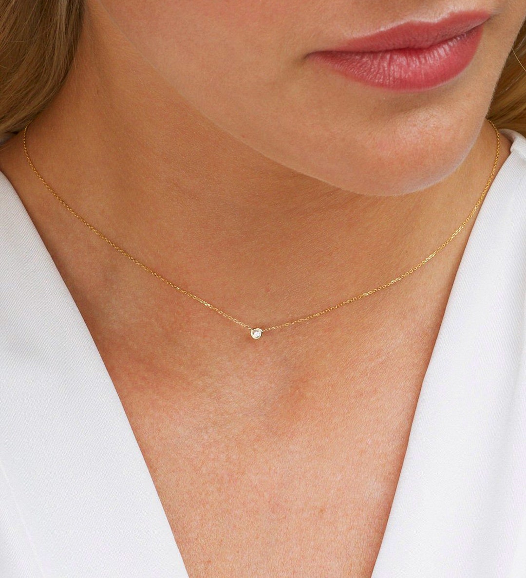 Tiny Diamond Choker Necklace in 14K Solid Gold