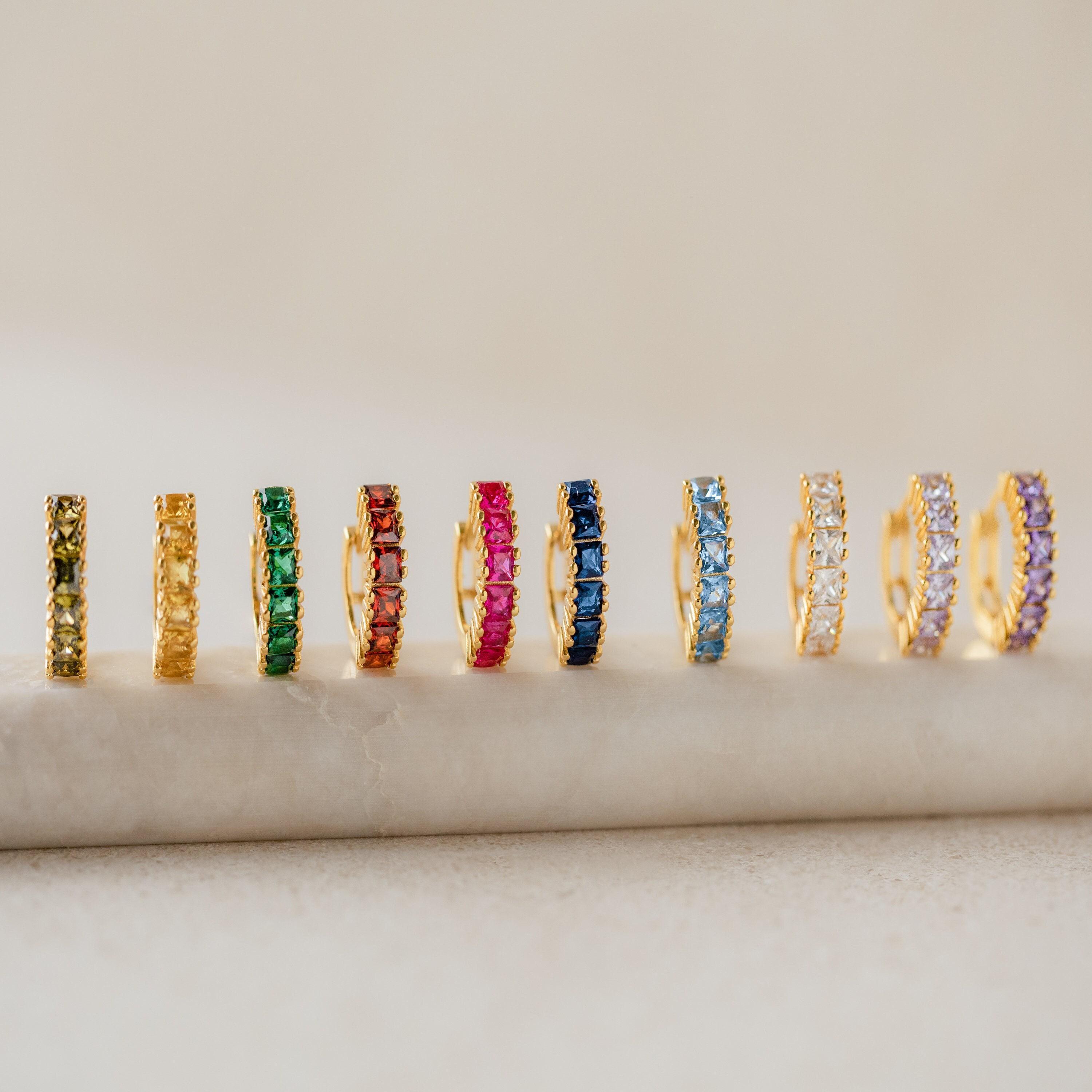 Birthstone Huggie Hoop Earrings in 18K Gold Finish and Sterling Silver