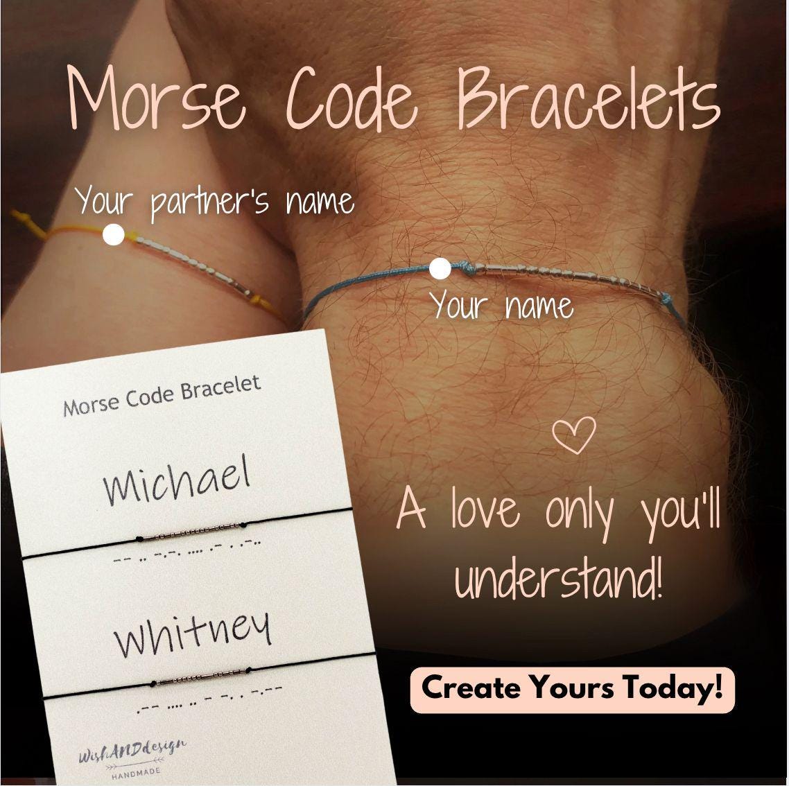 Personalized Morse Code Couple Bracelet Set of Two in Silver, Gold or Rose Gold