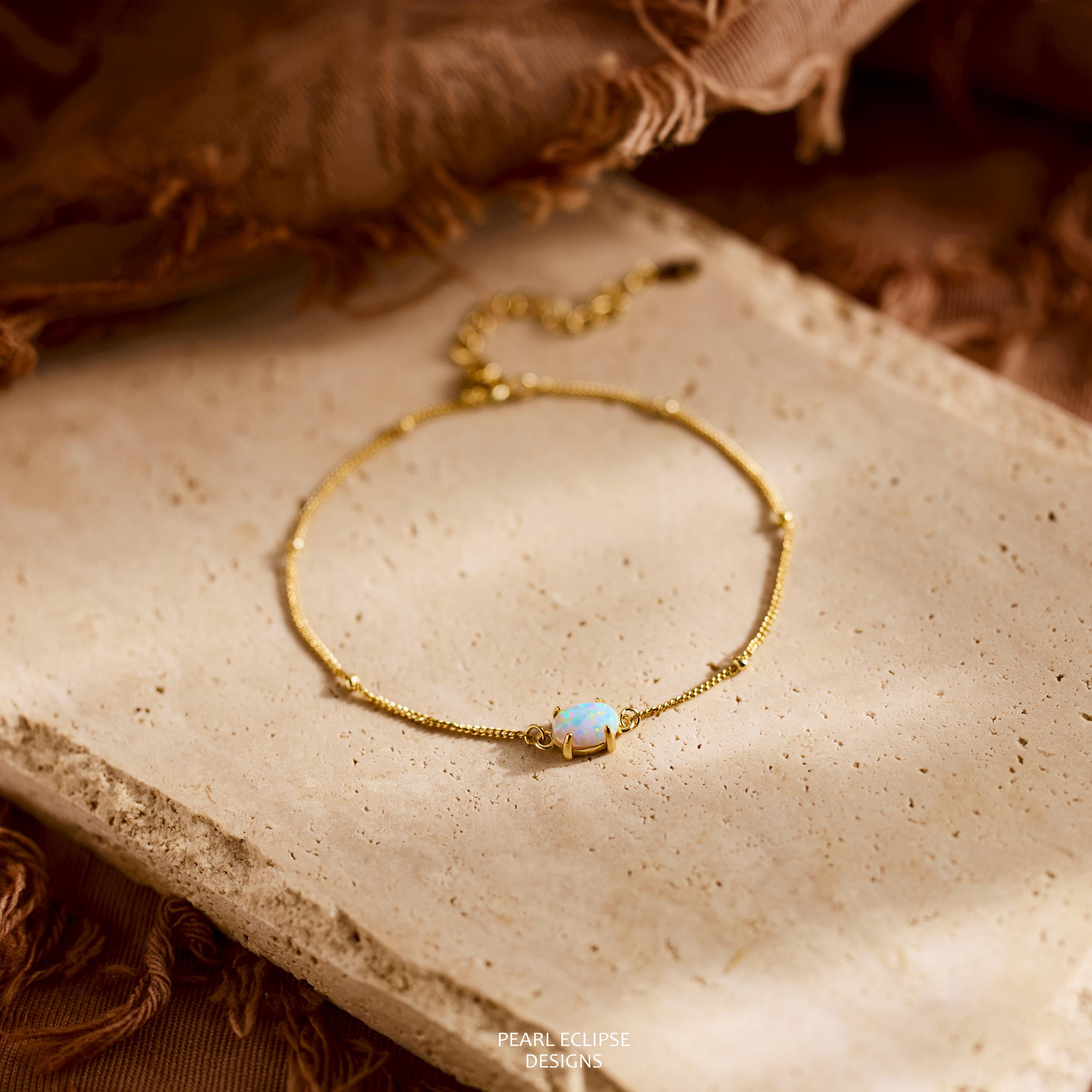 Dainty Natural Opal Bracelet on a Minimalist Gold Beaded Chain