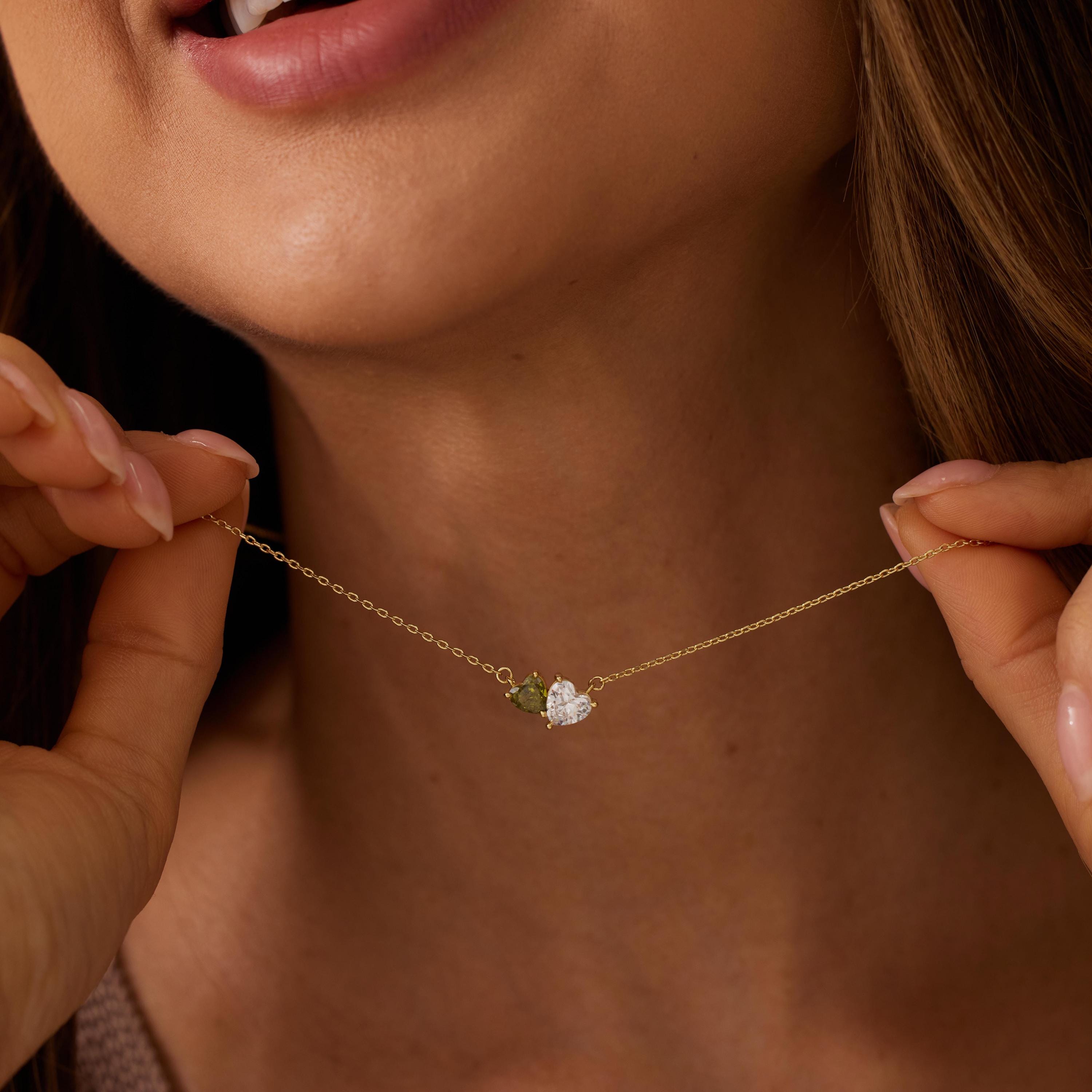 Two Heart Birthstone Necklace in 14K Gold Plating with Two Custom Months