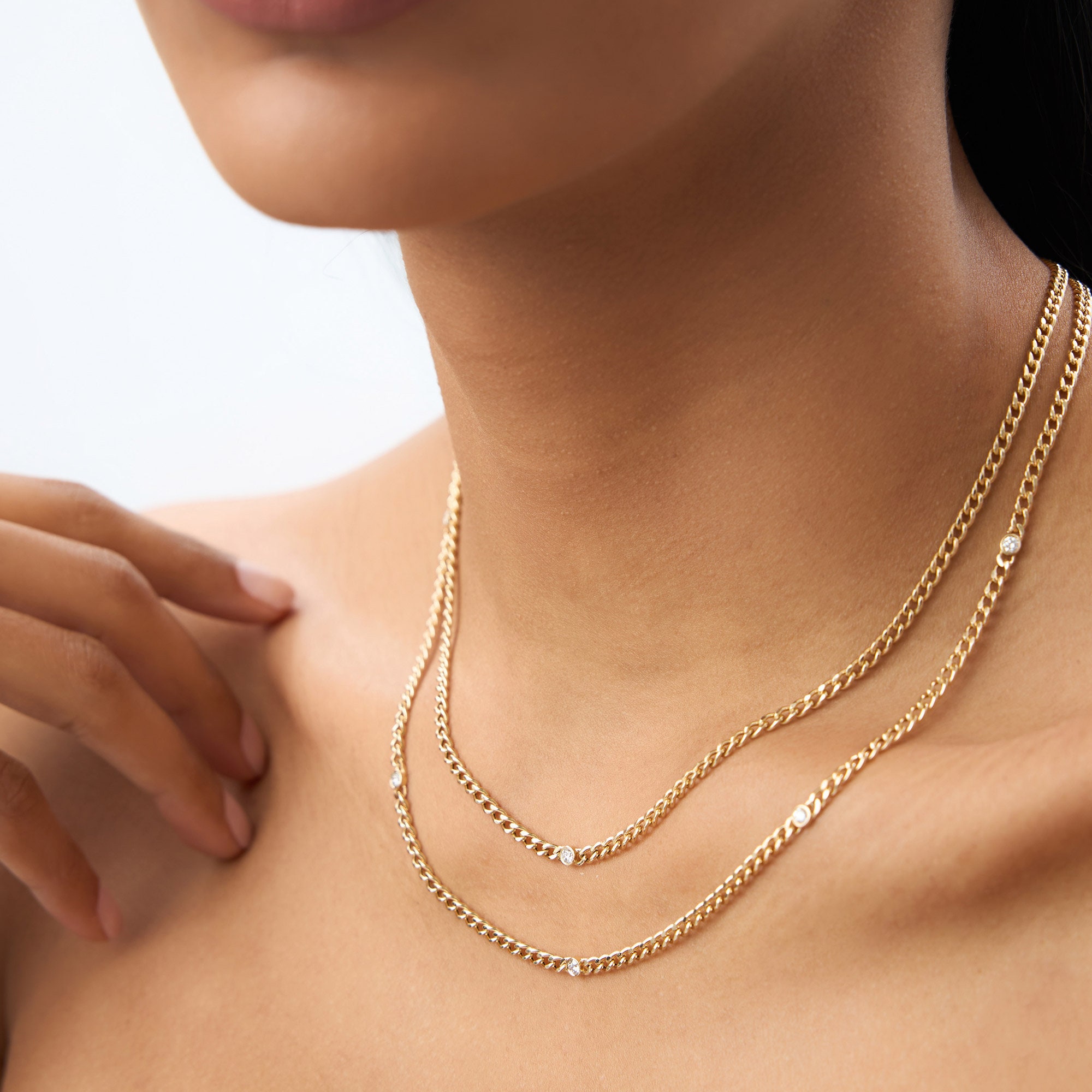 14K Gold Curb Link Chain Necklace with Bezel Set Solitaire Diamond