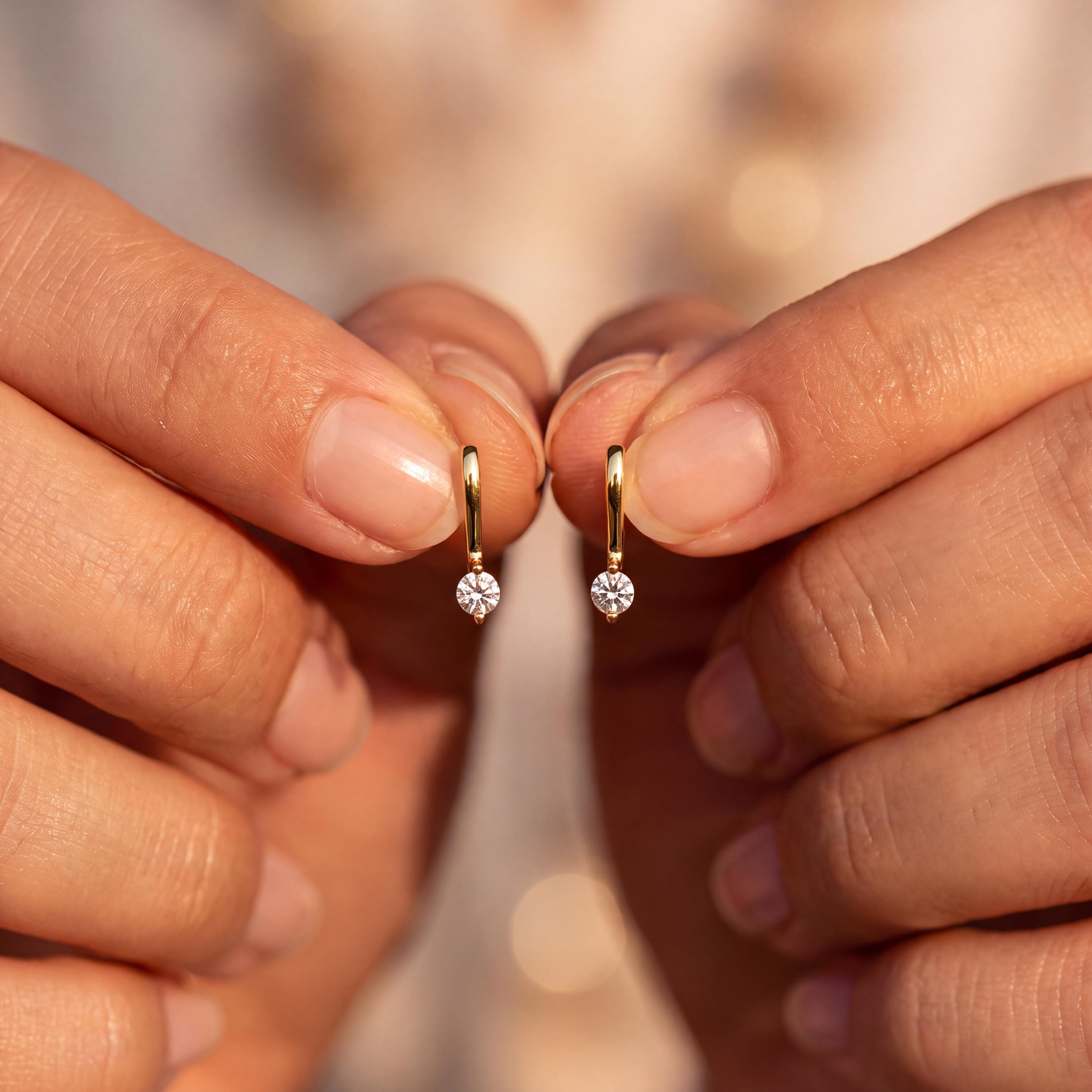 Minimalist Vertical Bar Drop Earrings with a Round Cubic Zirconia Solitaire