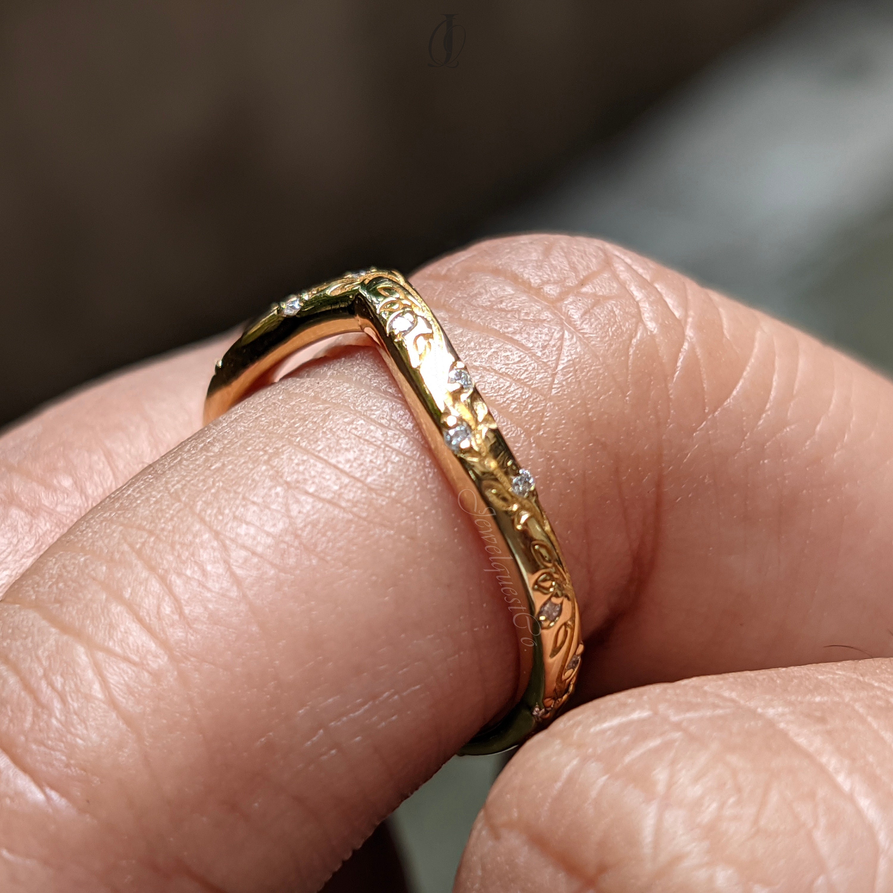Chevron Leaf Moissanite Wedding Band in Solid Gold with Vine Engraving
