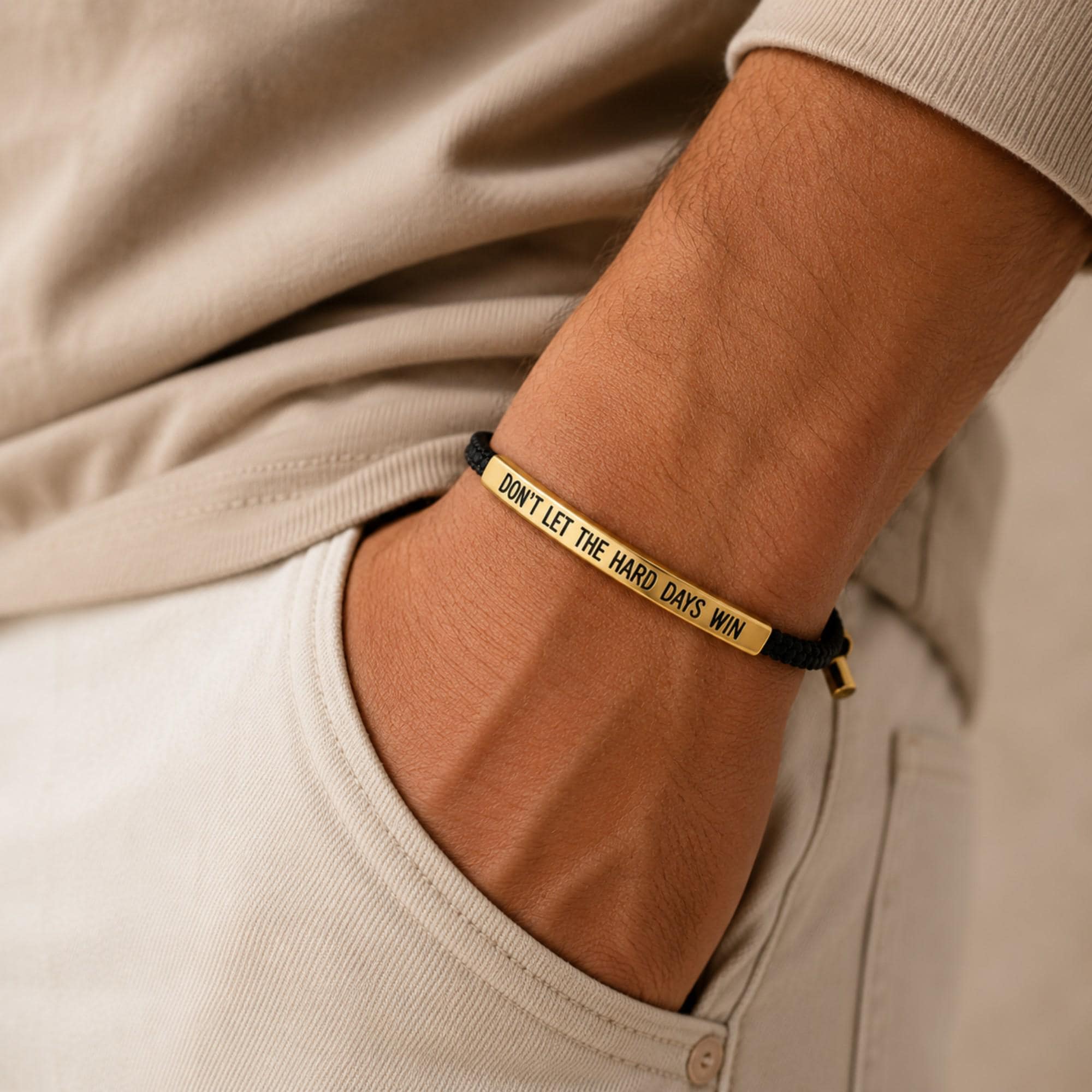 Engraved Motivational Bar Bracelet in Stainless Steel with Braided Cord