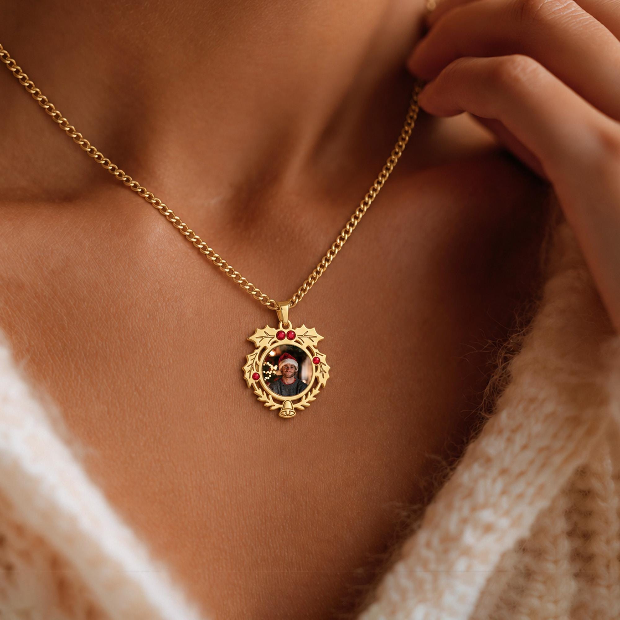 Christmas Wreath Photo Necklace with Red Cubic Zirconia