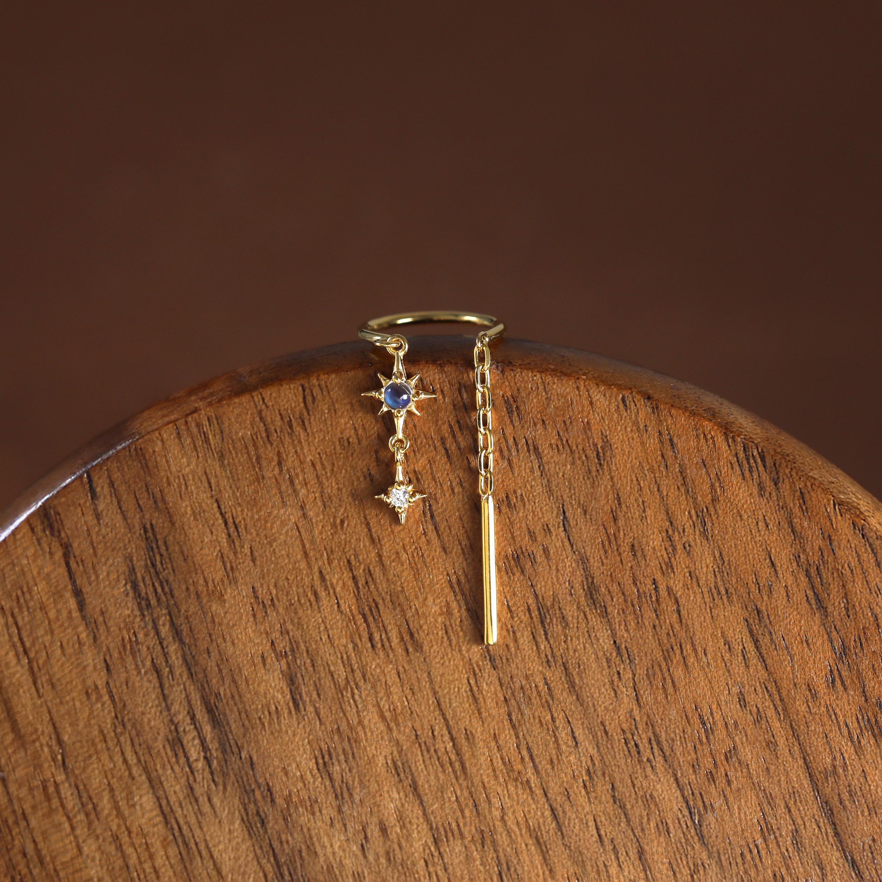 14K Gold Plated Moonstone and Moissanite Star Threader Earring