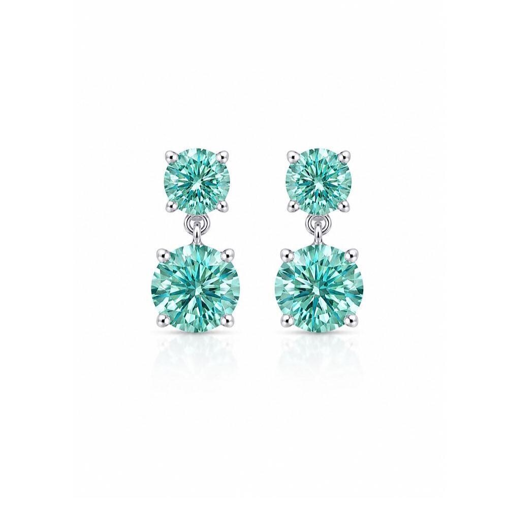 Swiss Blue Moissanite Double Drop Earrings in Platinum Overlay Sterling Silver